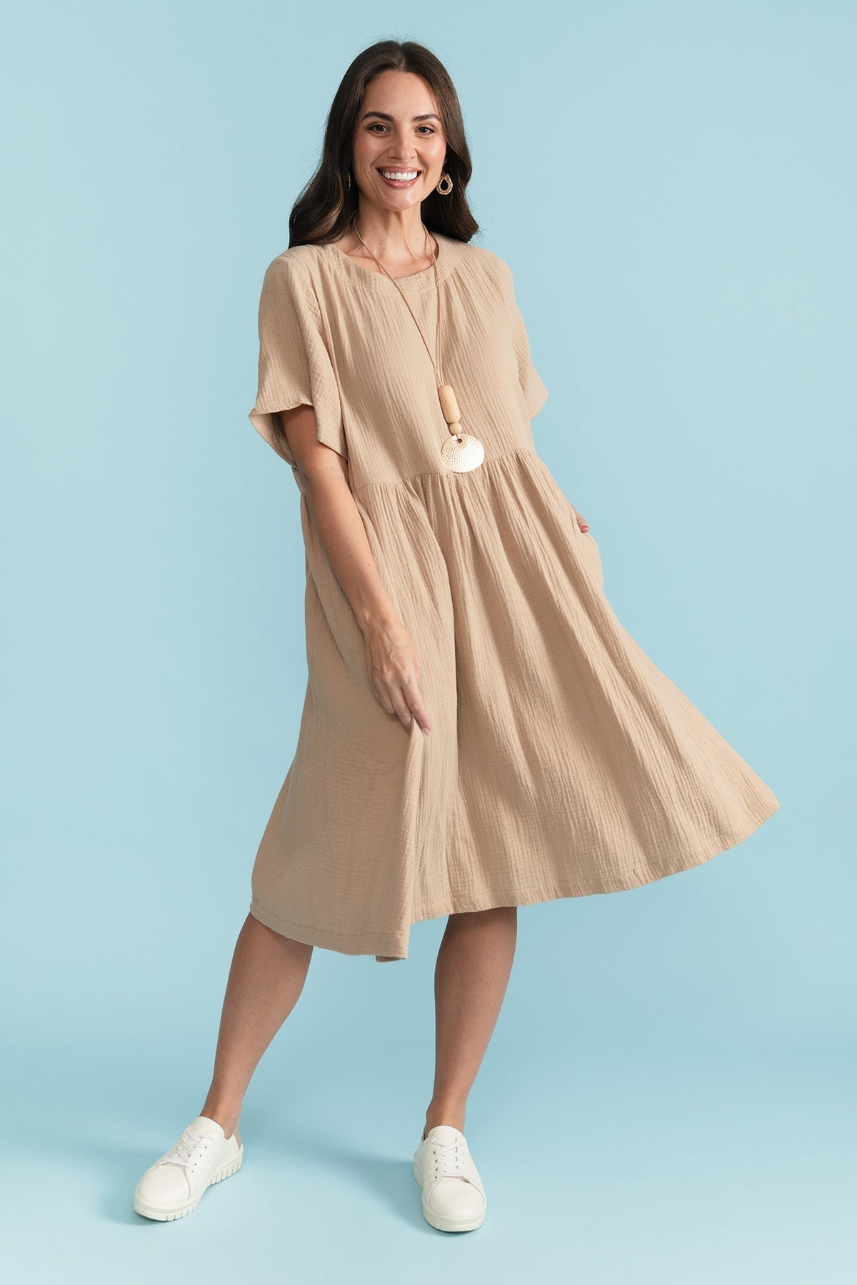 Cloud Gauze Beige Cotton Pocket Dress Front View 2