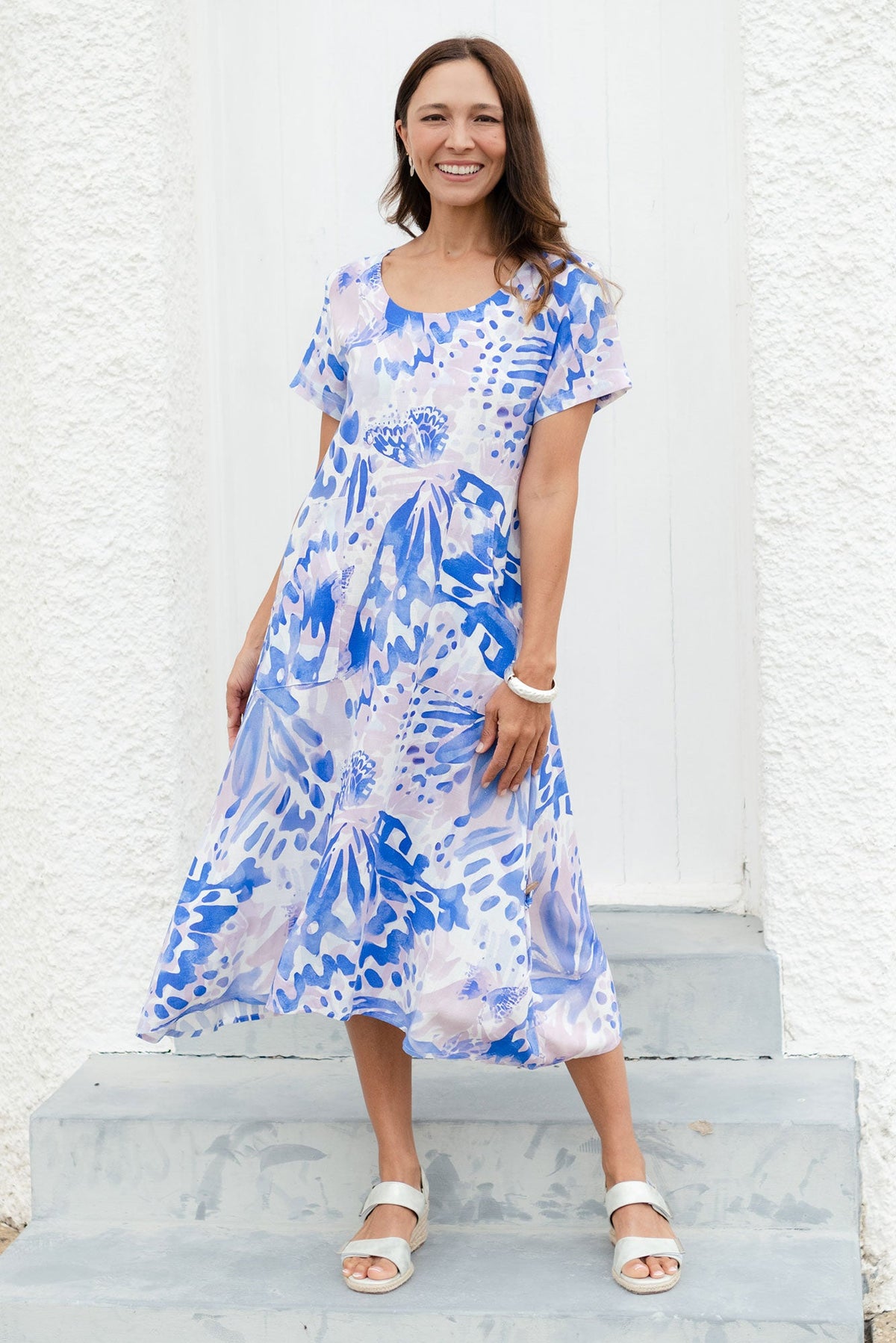 Lula Cobalt Abstract Linen Cotton Dress Front View 2