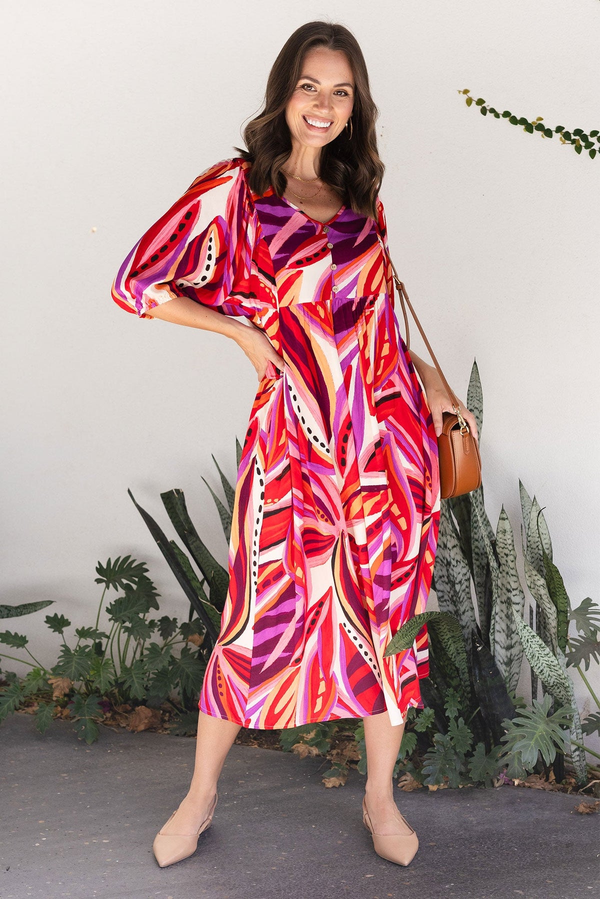 Kacey Pink Leaf Button Dress Front View 2