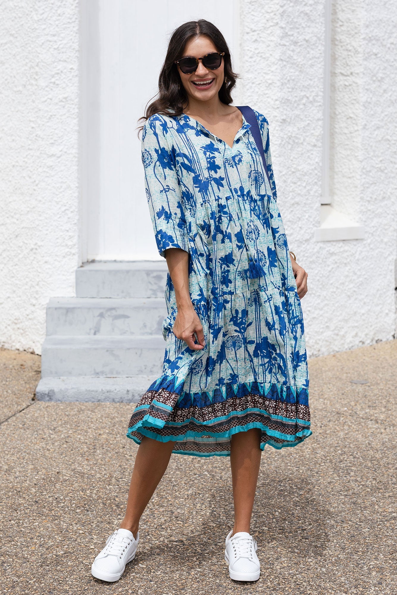 Milana Cobalt Dandelion Crinkle Cotton Dress Front View 2