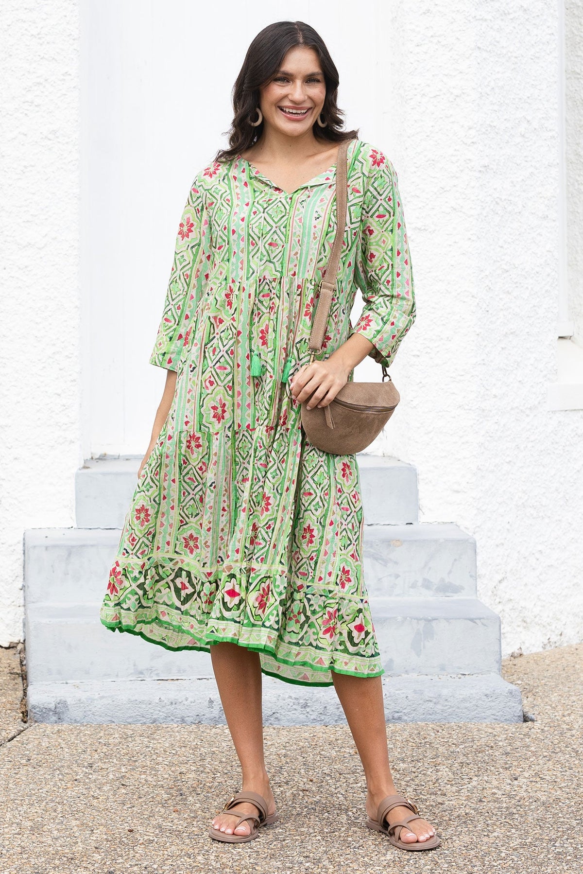 Milana Green Abstract Crinkle Cotton Dress Front View 2