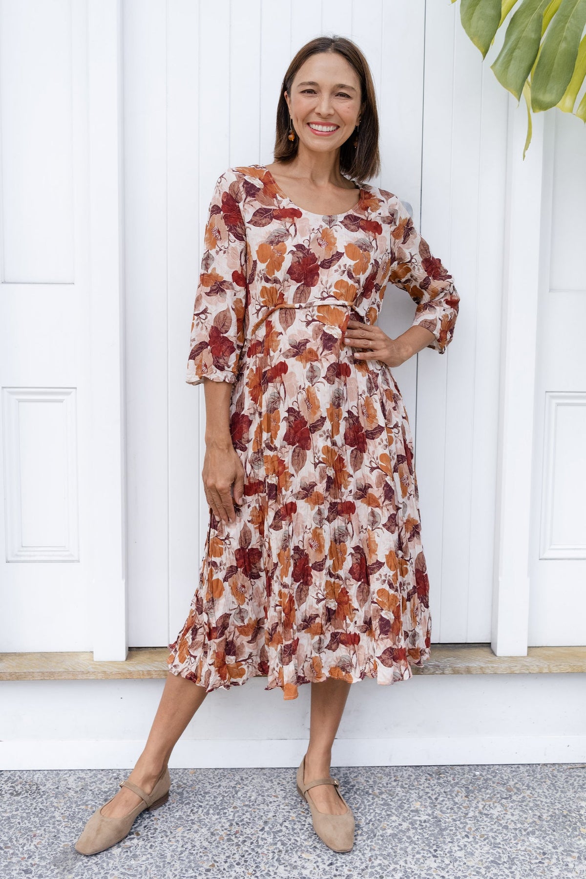 Nessa Brown Flower Crescent Dress Front View 2