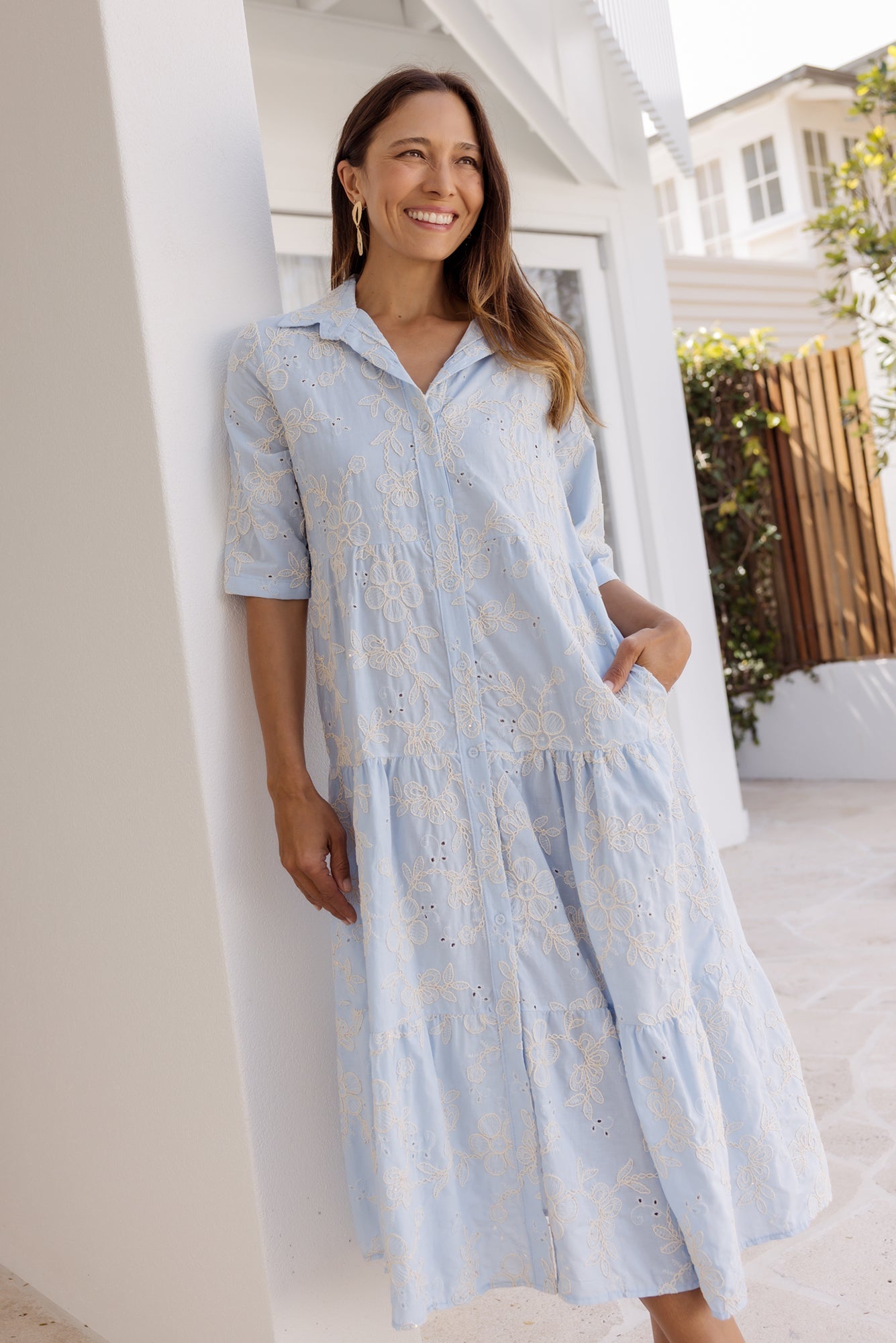 Heidi Blue Floral Embroidered Cotton Dress Front View 2