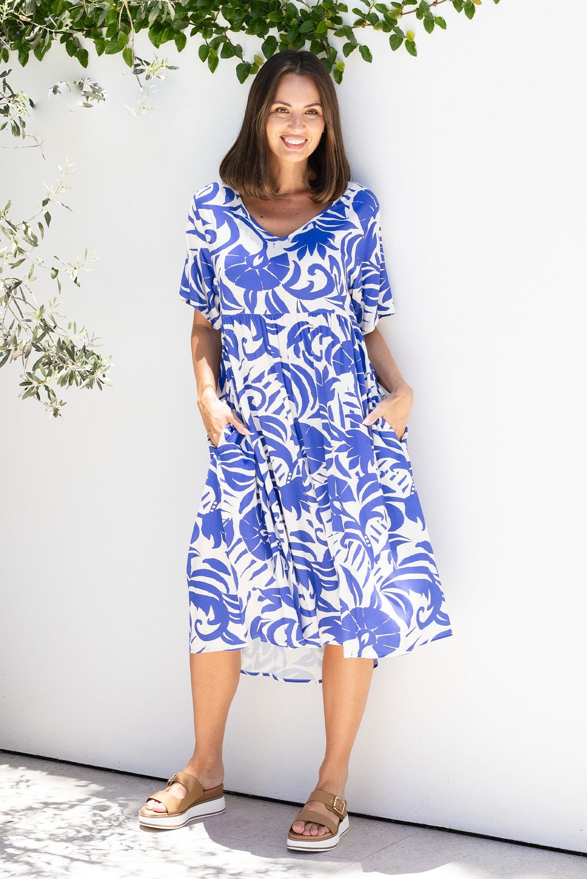 Sharlene Blue Botanical Midi Dress Front View 2