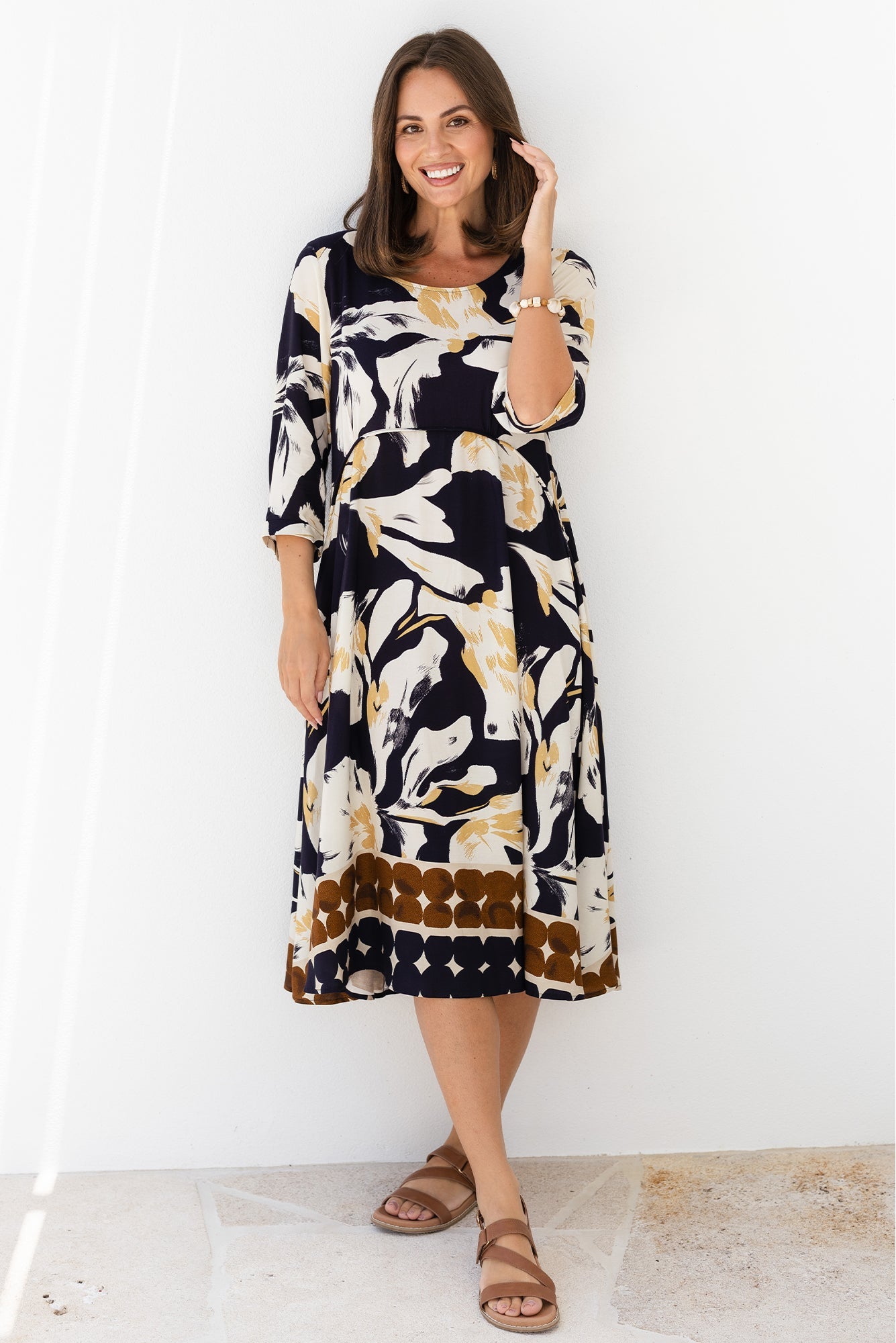 Zaelia Navy Abstract Sleeved Crescent Dress Front View 2