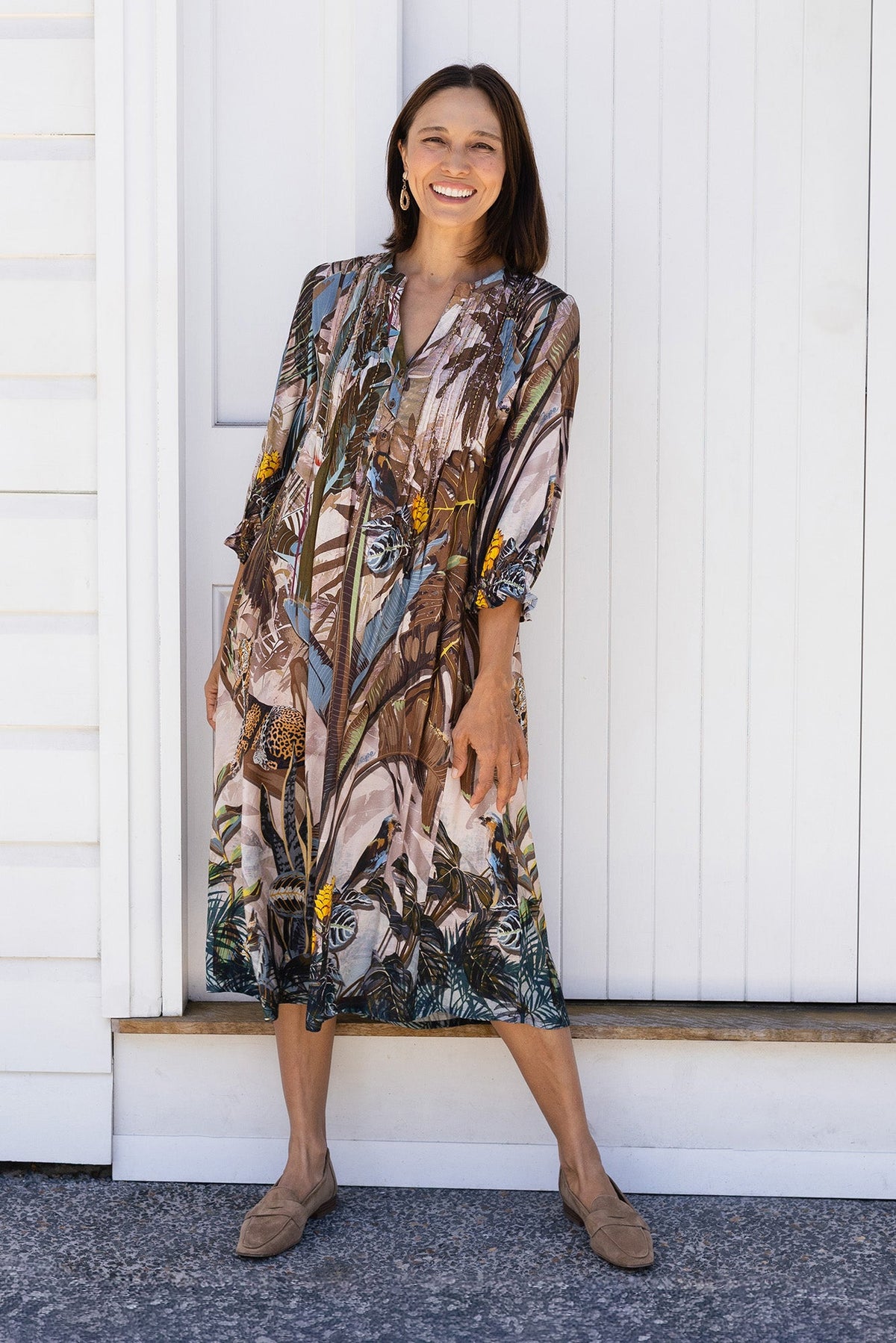 Kalmia Brown Jungle Pleated Tie Dress Front View 2