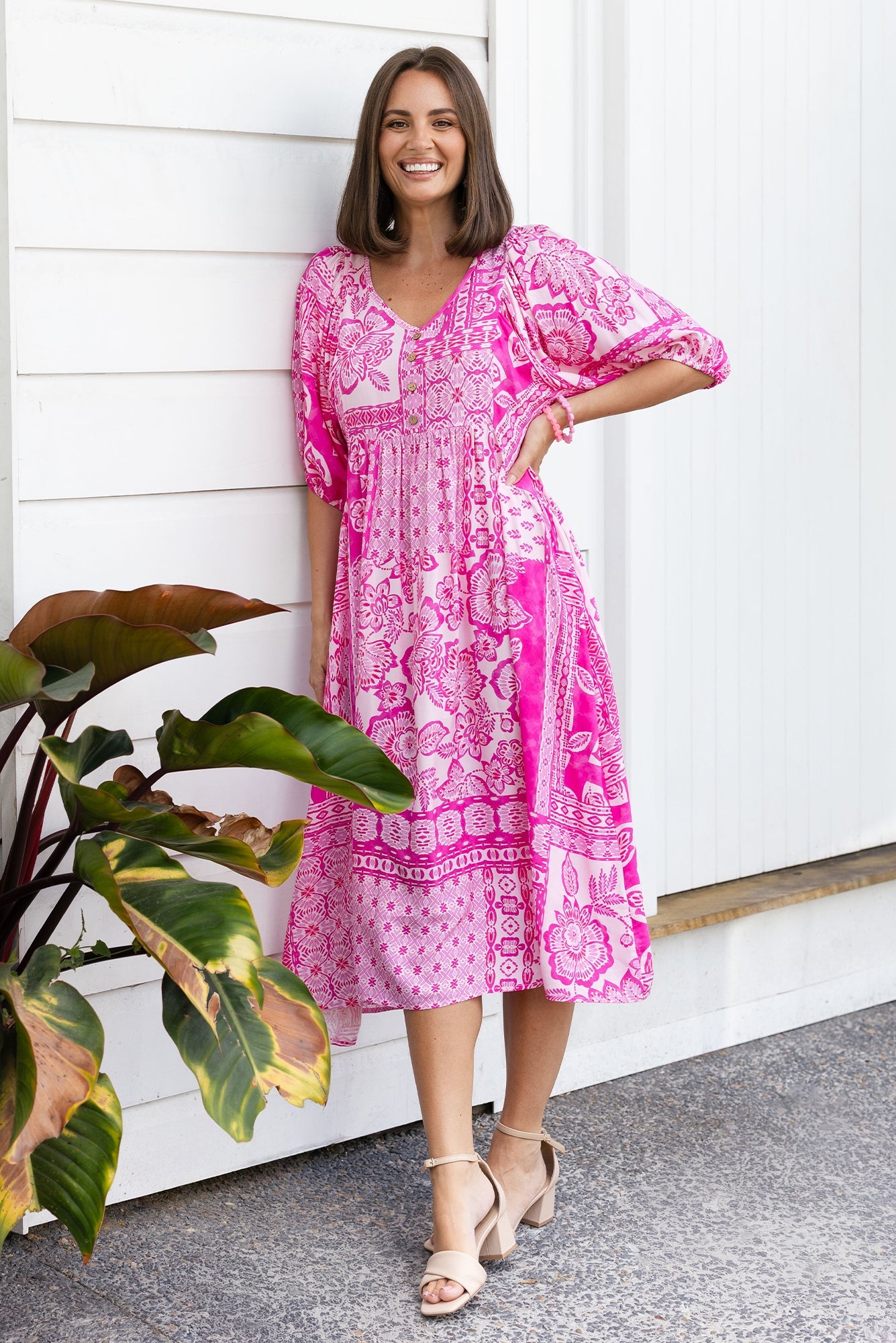 Kacey Pink Tile Button Dress Front View 2