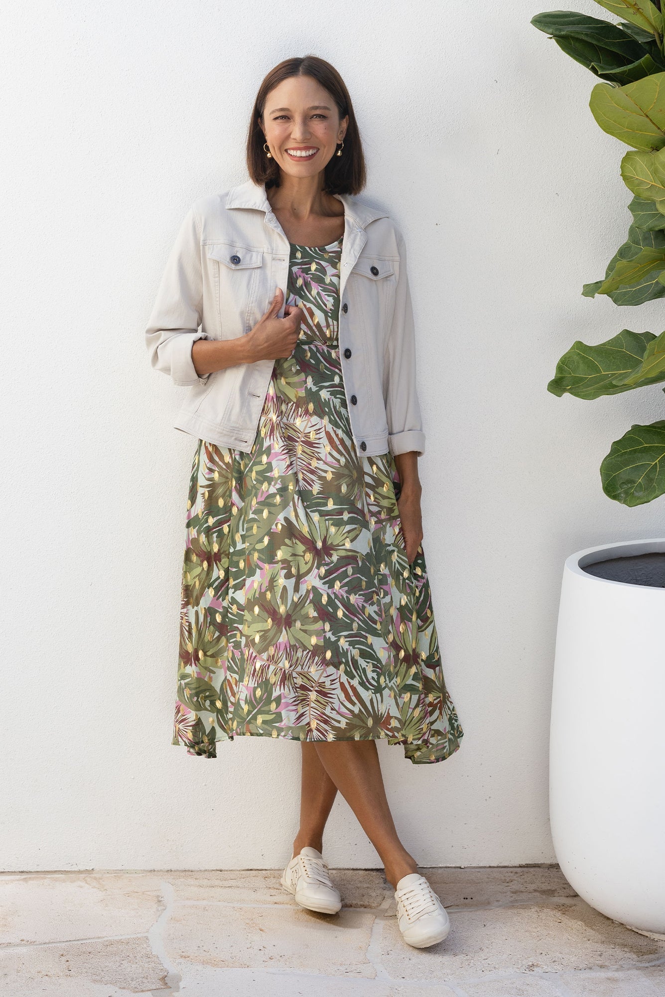 Darling Khaki Tropical Foil Crescent Dress Front View 2