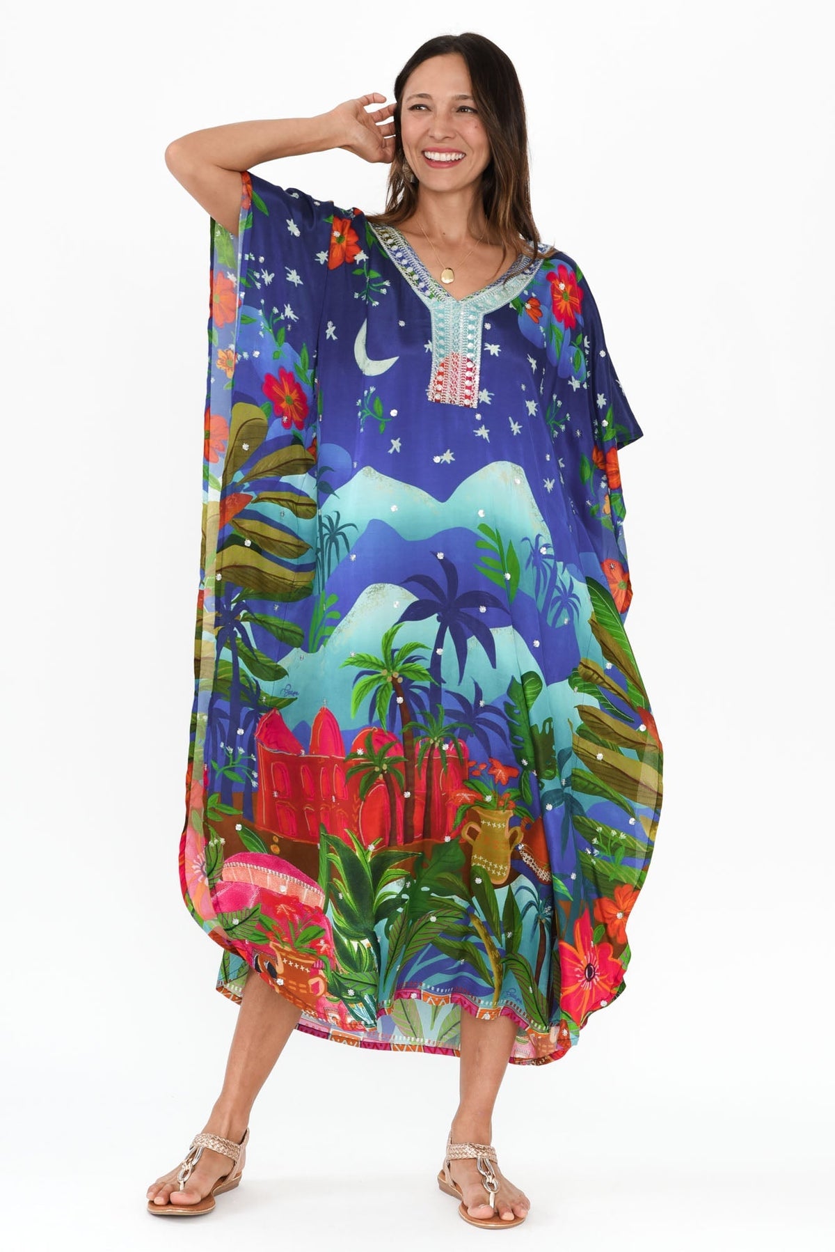Reyna Blue Paradise Kaftan Full Length View