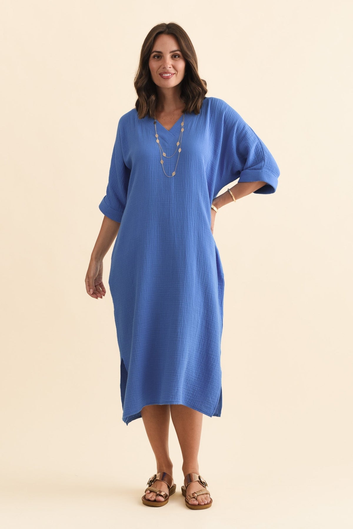Roma Cobalt Cotton Cheesecloth Dress Full Length View