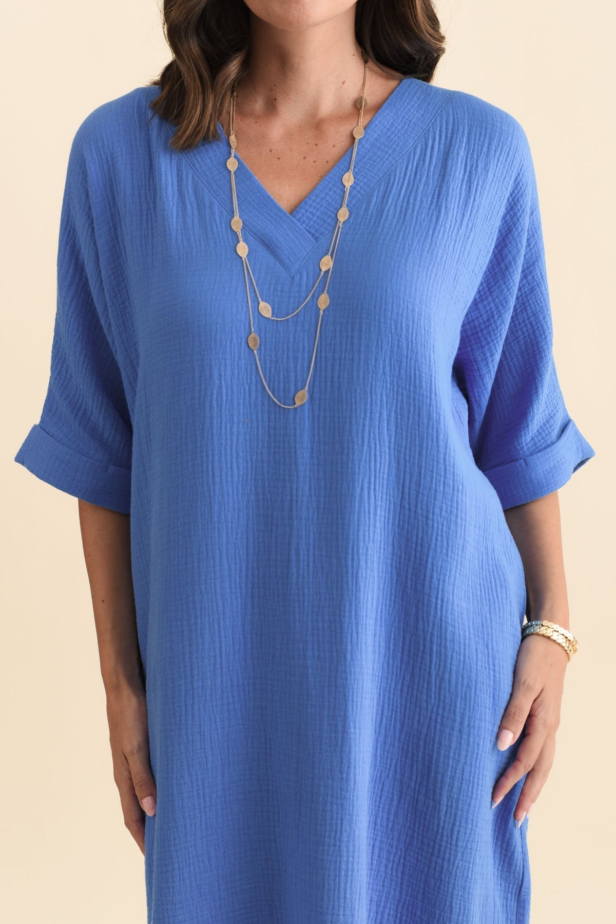 Roma Cobalt Cotton Cheesecloth Dress Detail View