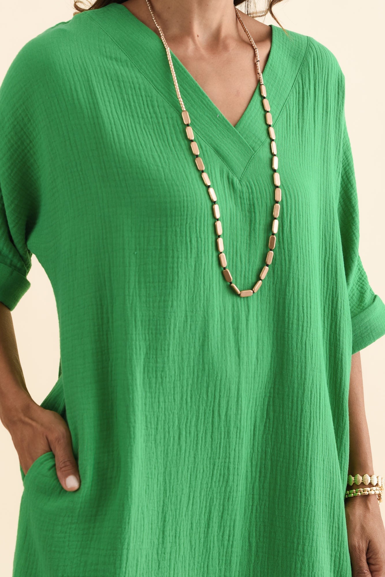 Roma Green Cotton Cheesecloth Dress Full Length View