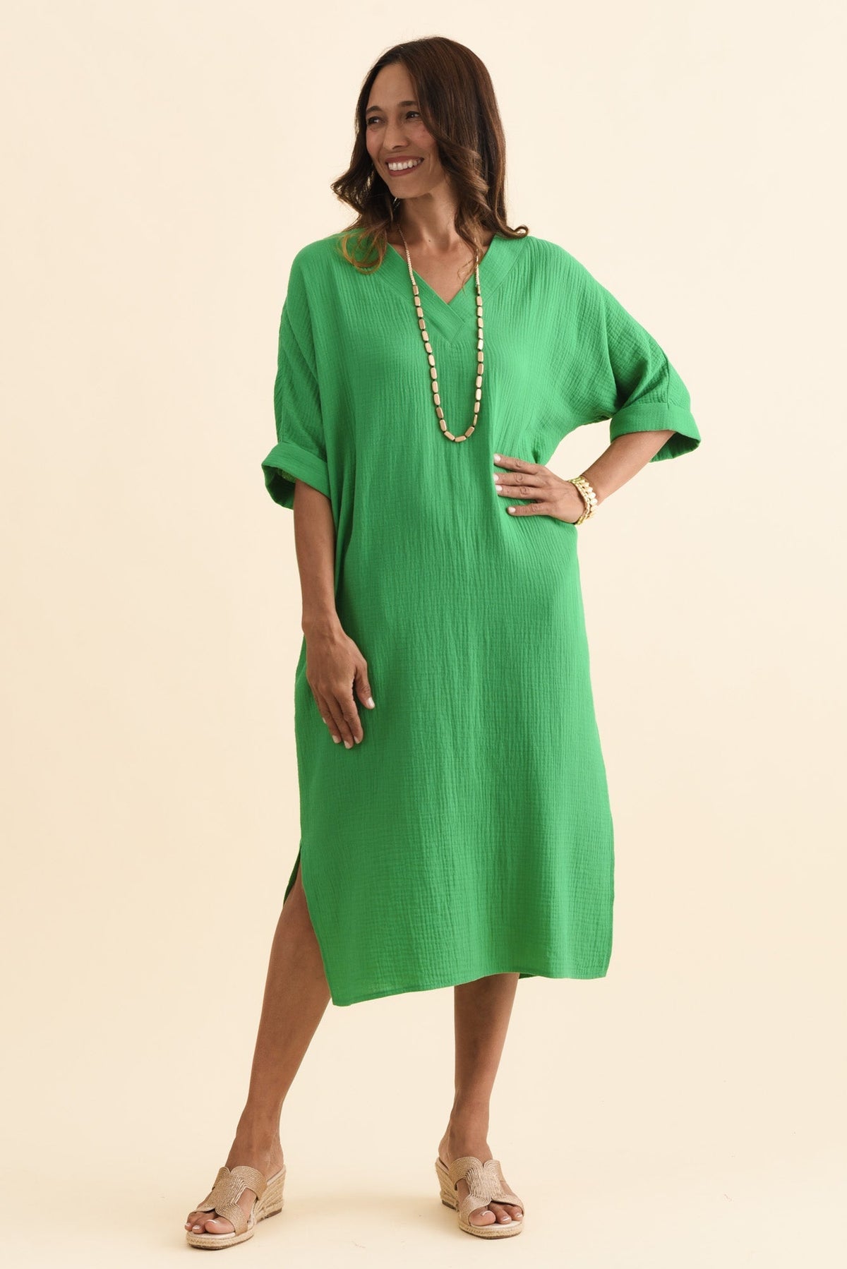 Roma Green Cotton Cheesecloth Dress Back View 2