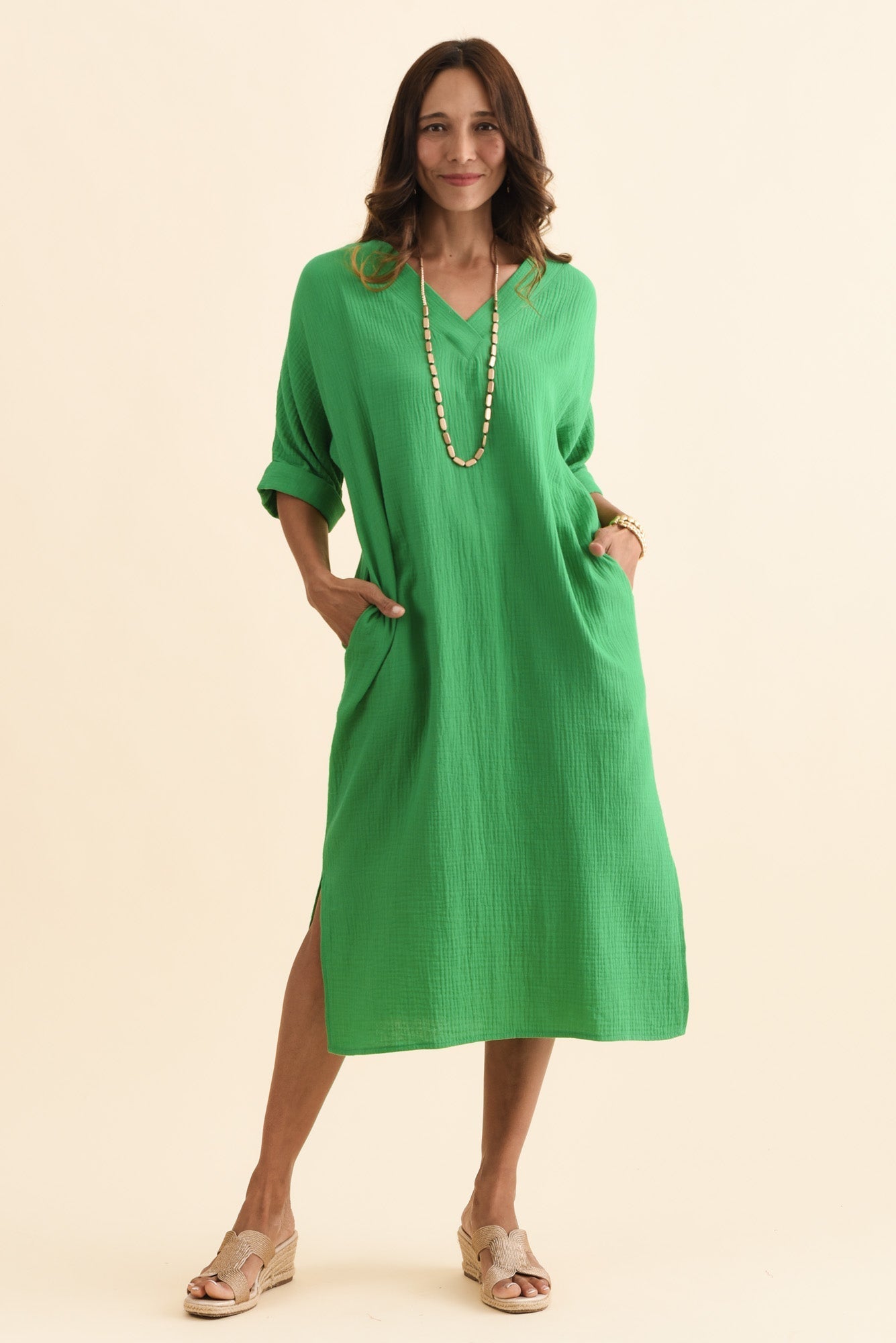 Roma Green Cotton Cheesecloth Dress Back View