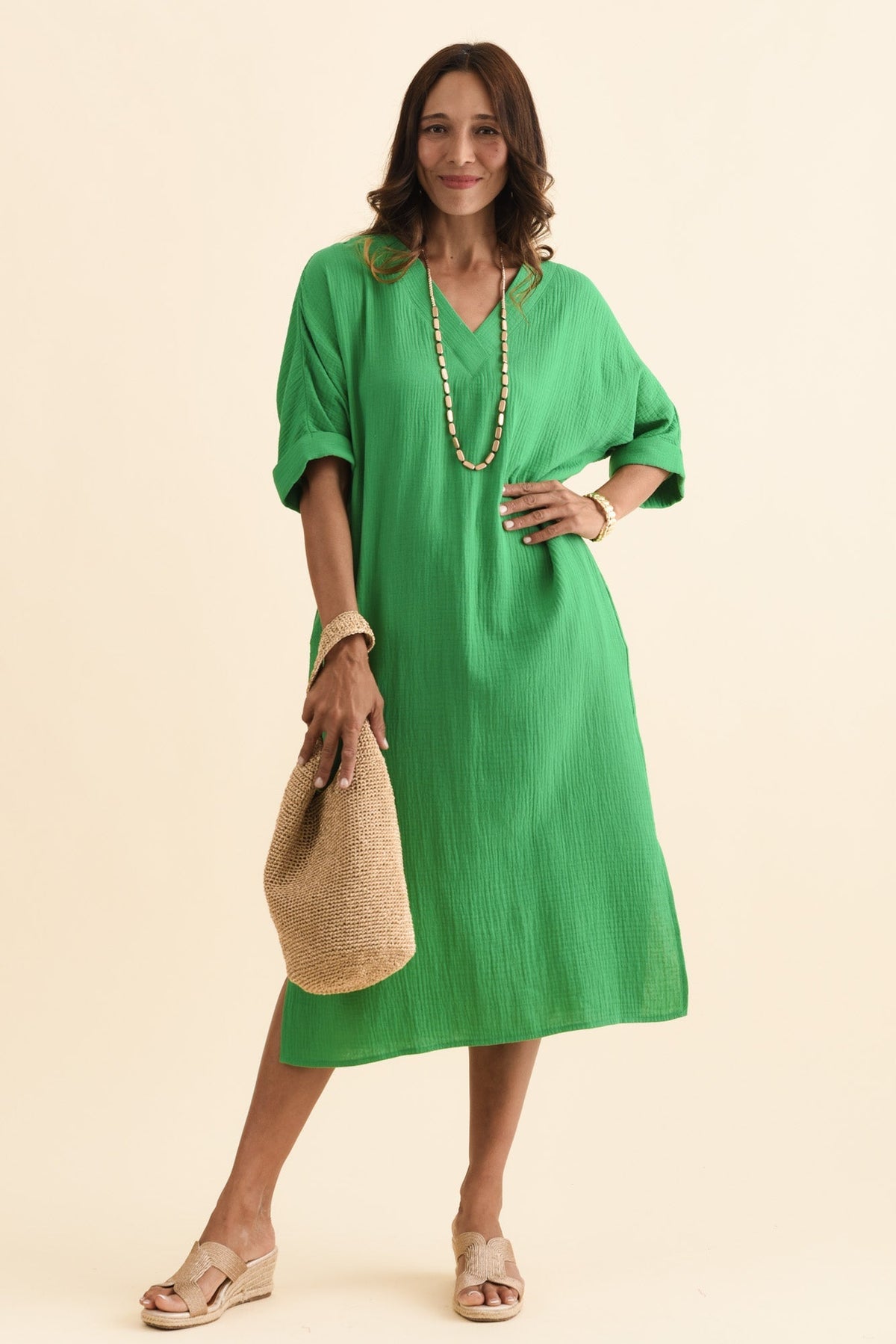 Roma Green Cotton Cheesecloth Dress Front View