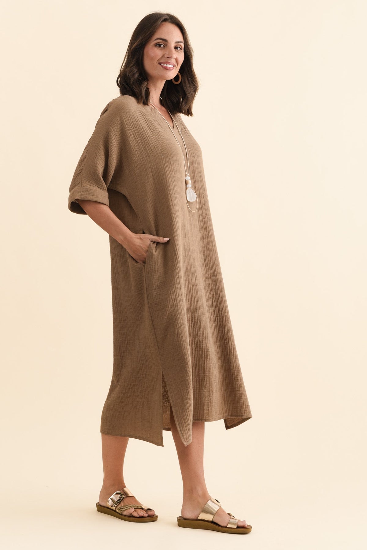 Roma Mocha Cotton Cheesecloth Dress Back View