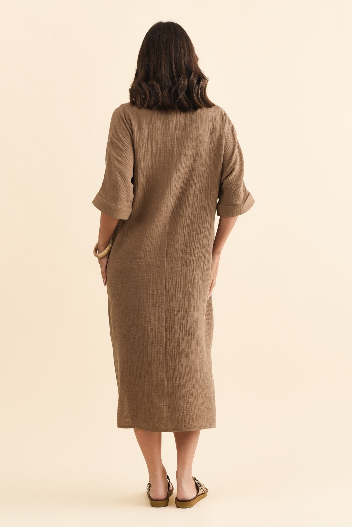 Roma Mocha Cotton Cheesecloth Dress Side View