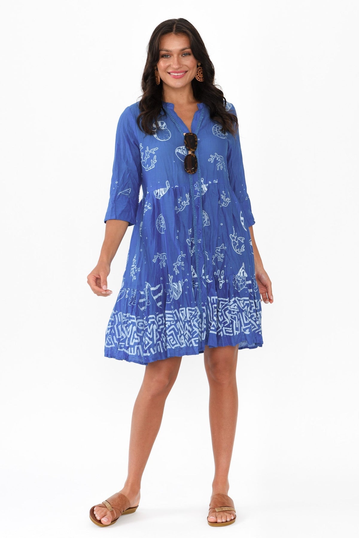 Romy Cobalt Seashell Crinkle Cotton Dress Front View