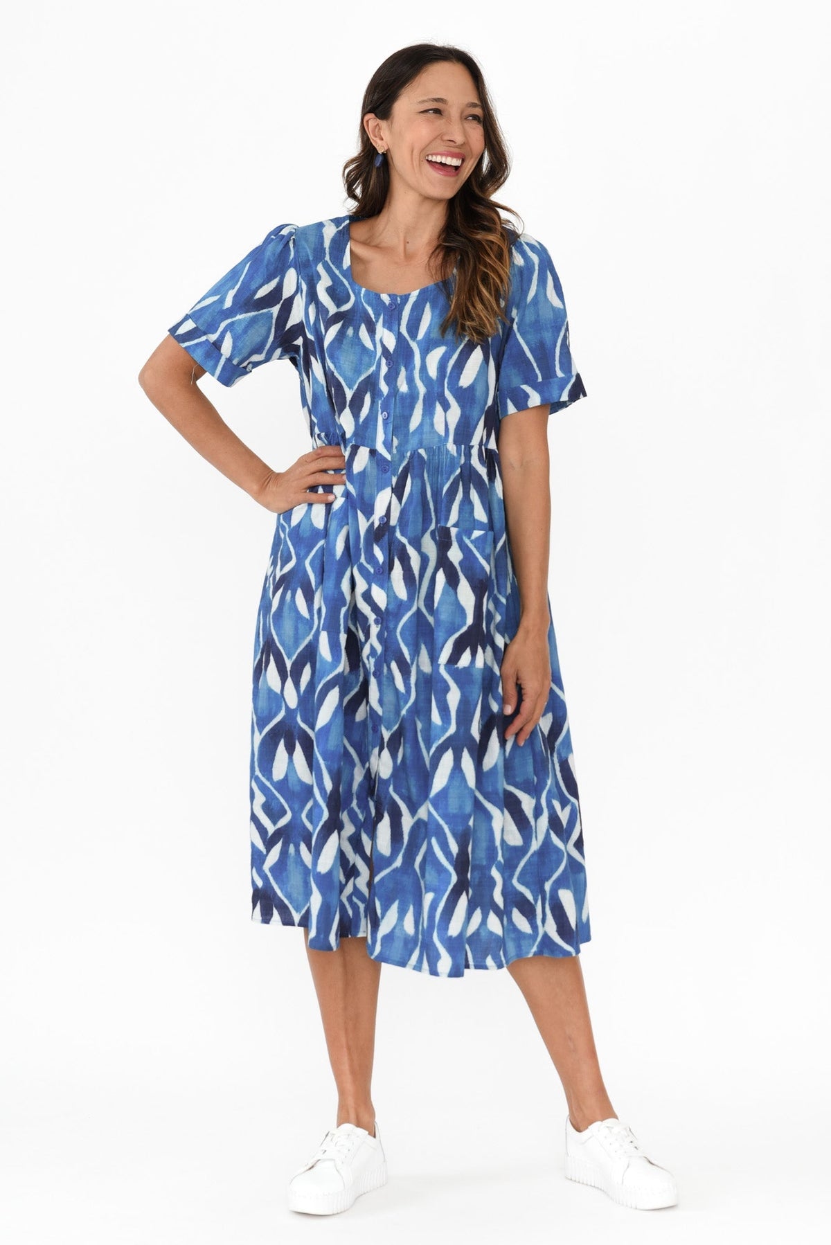 Rory Blue Abstract Cotton Button Dress Full Length View