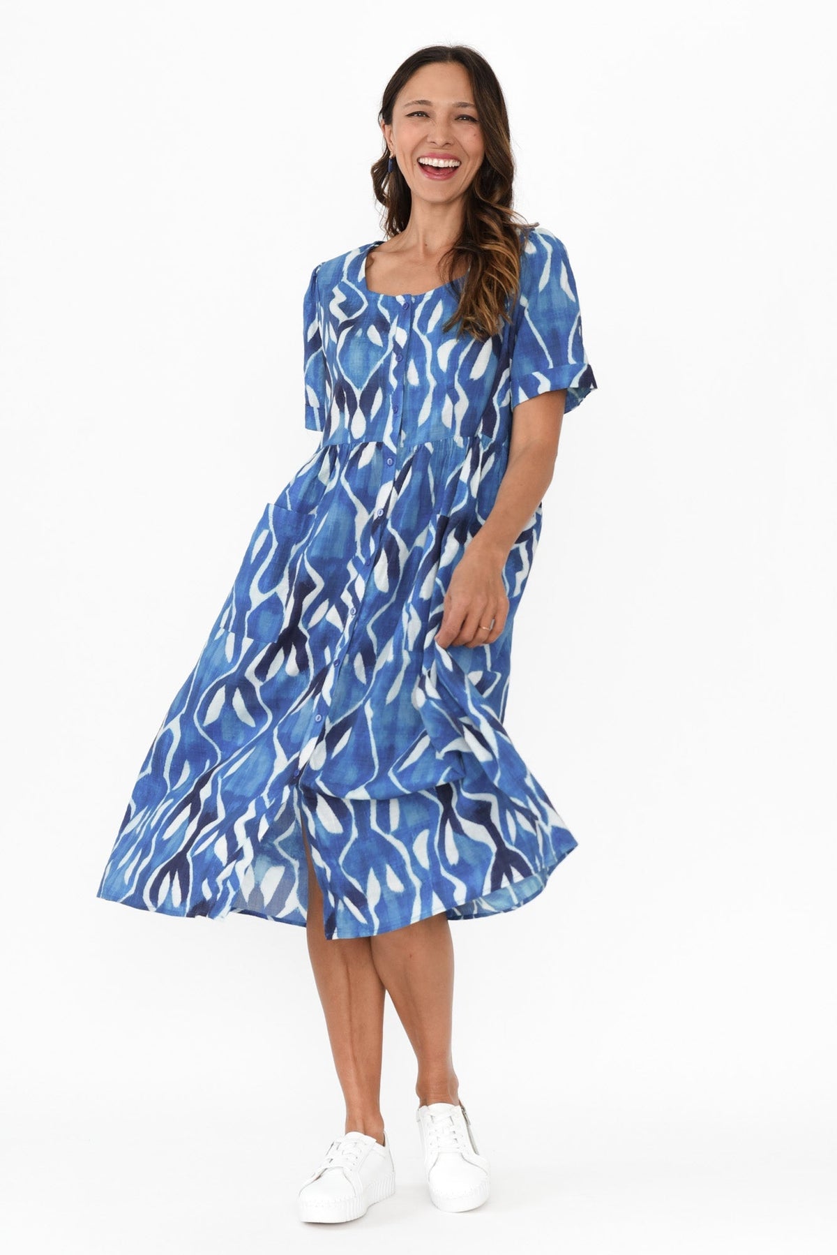Rory Blue Abstract Cotton Button Dress Front View 2
