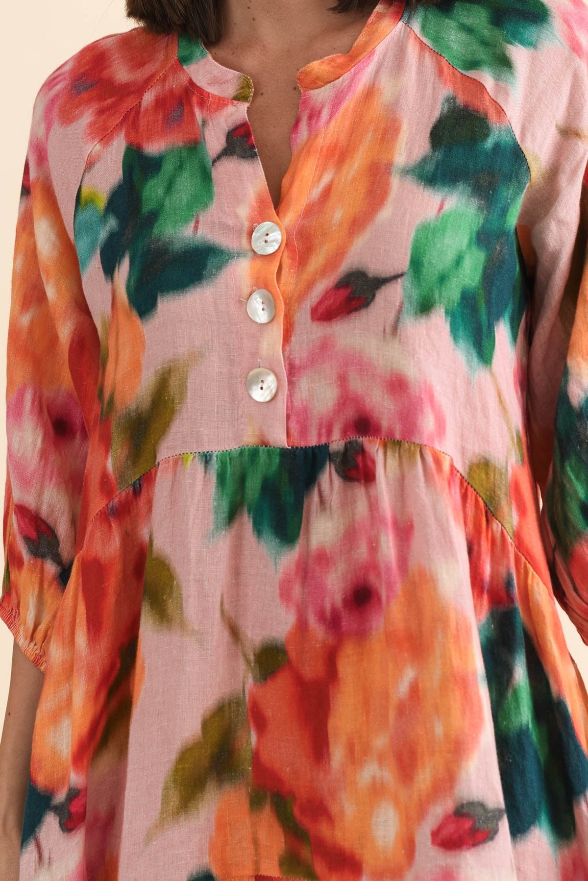 Ruthie Orange Floral Linen Button Dress Detail View