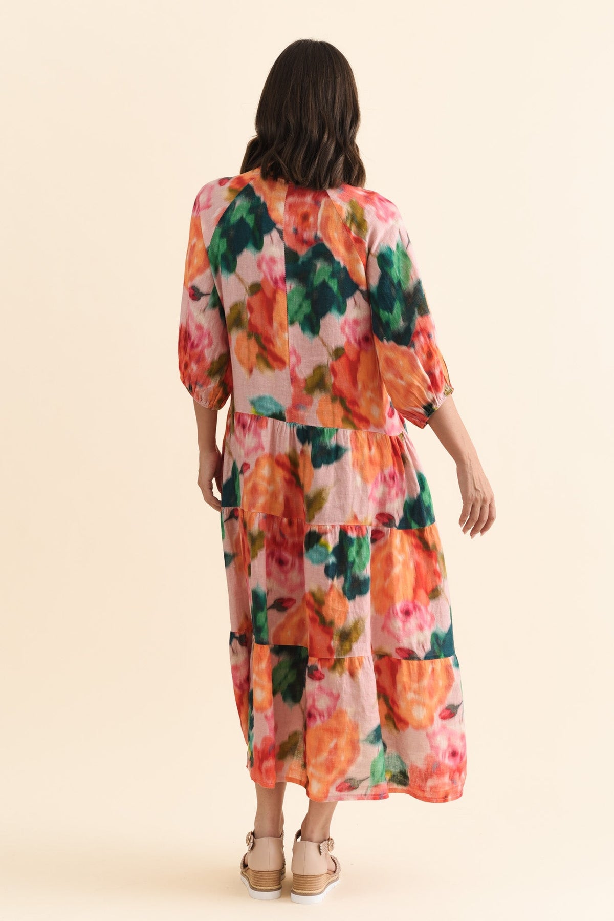 Ruthie Orange Floral Linen Button Dress Side View