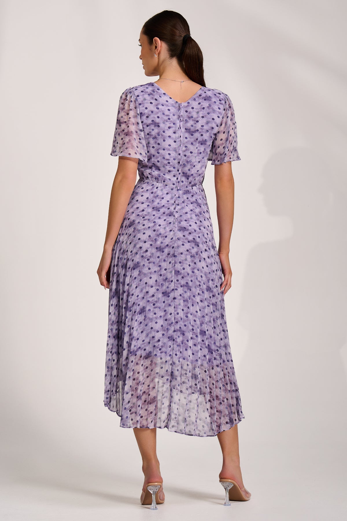 Printed Chiffon Glitter Maxi Dress Blue Spot Back View