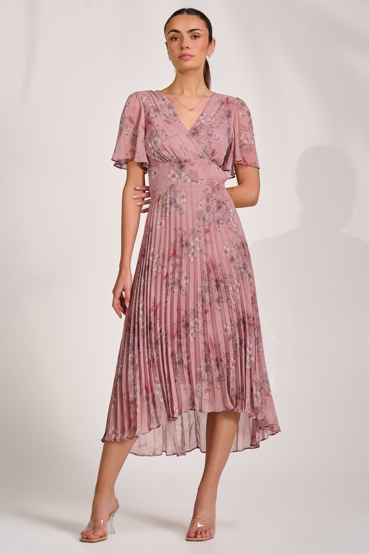 Printed Chiffon Glitter Maxi Dress pink floral Front View