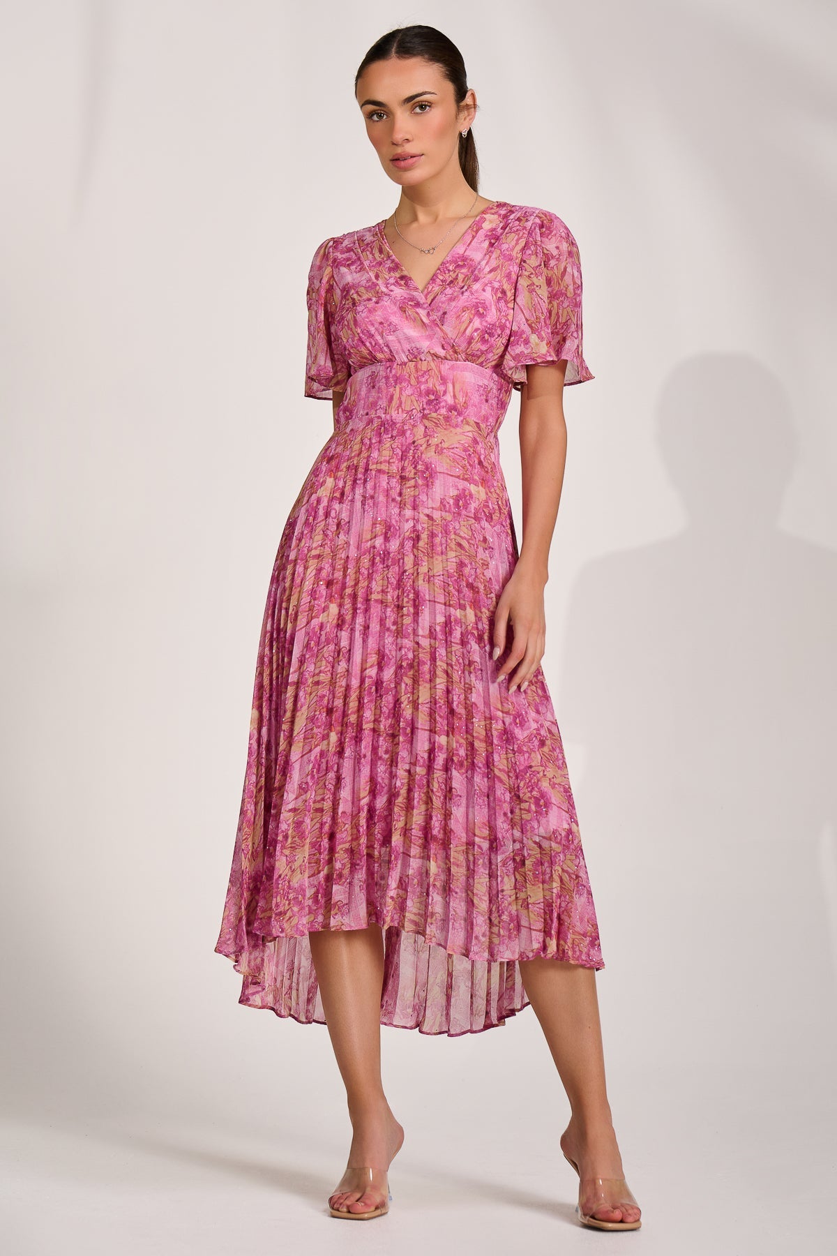 Printed Chiffon Glitter Maxi Dress Front View