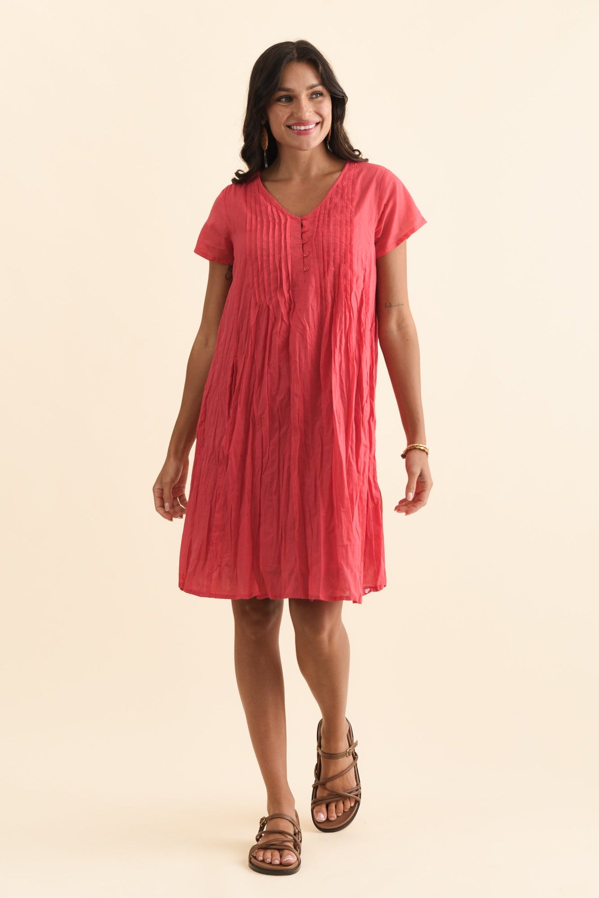 Sabina Cherry Crinkle Cotton Dress Front View