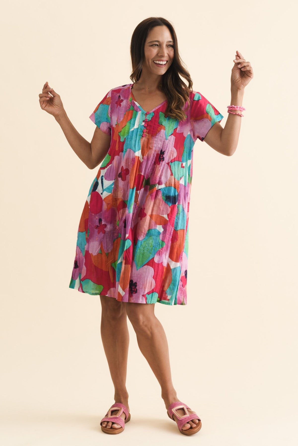 Sabina Pink Floral Crinkle Cotton Dress Front View 2