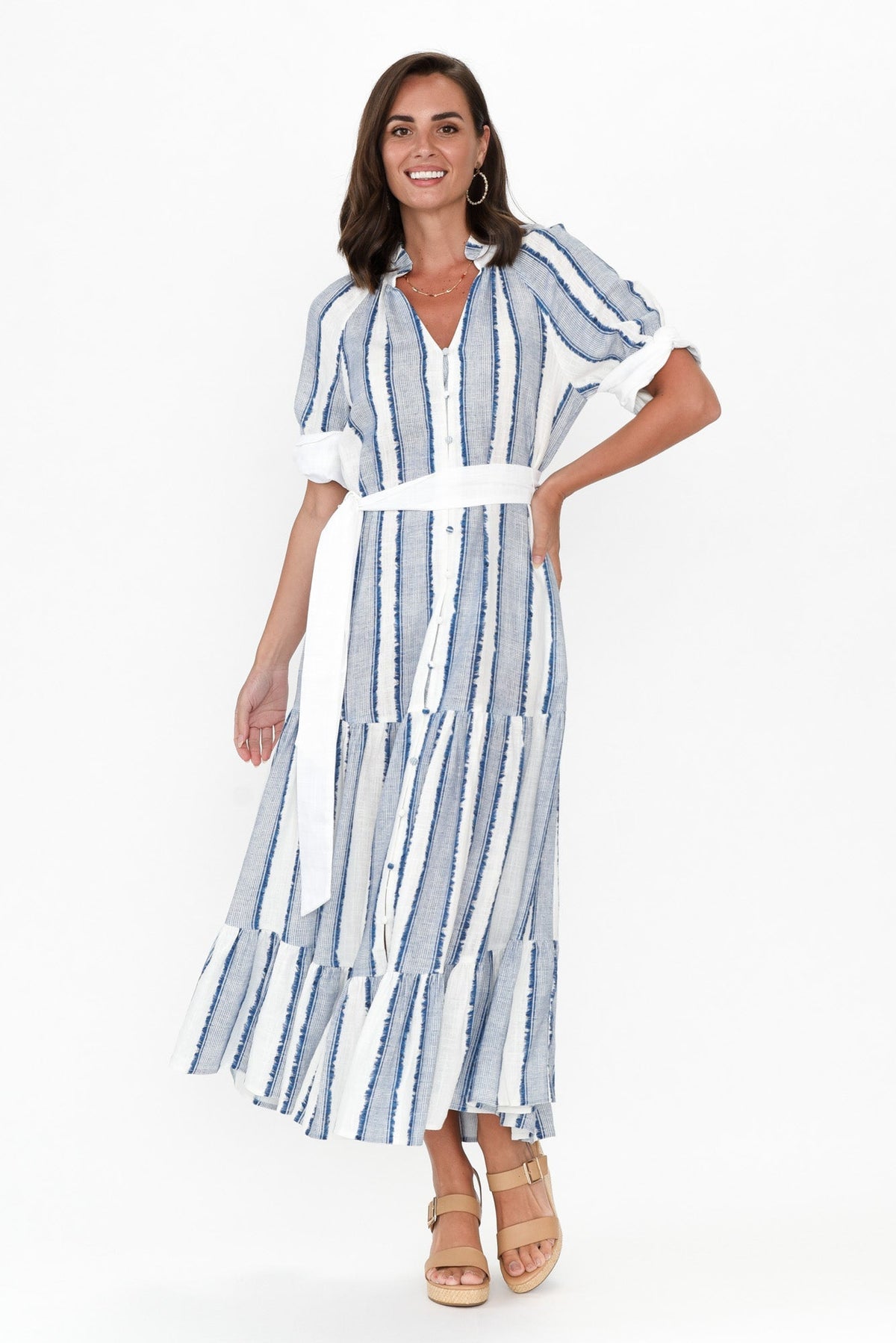 Scala Blue Stripe Linen Blend Dress Full Length View