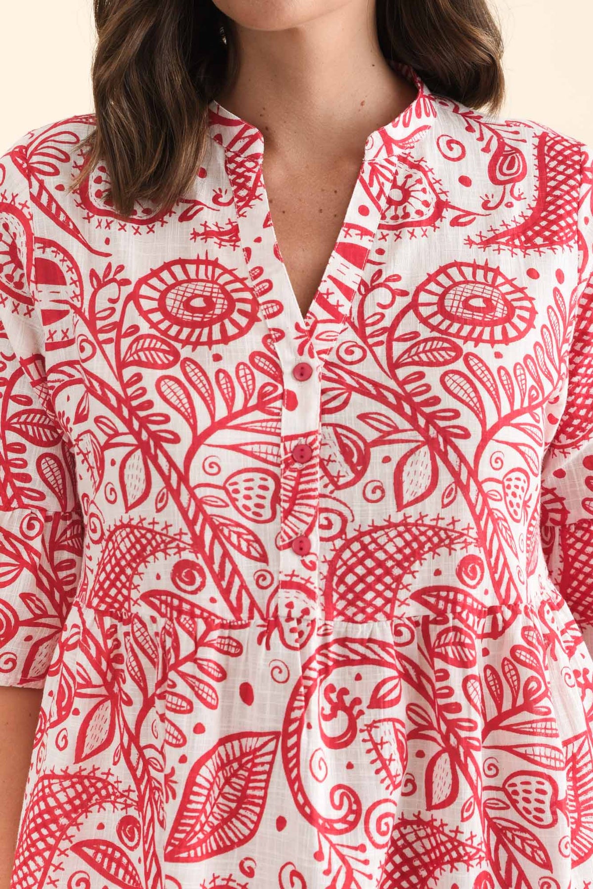 Senna Red Abstract Cotton Dress Detail View