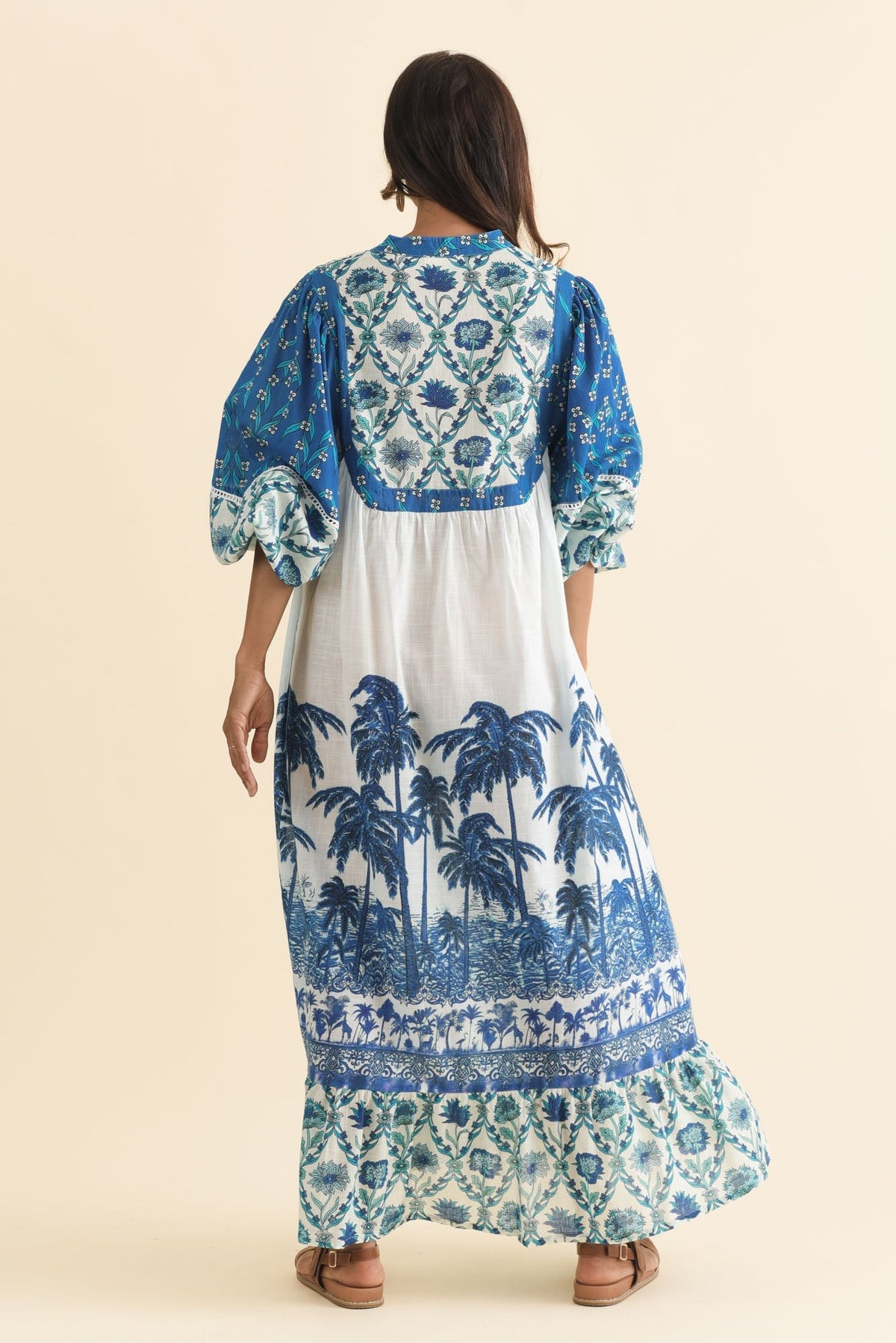 Shari Blue Tropical Cotton Dress Detail View