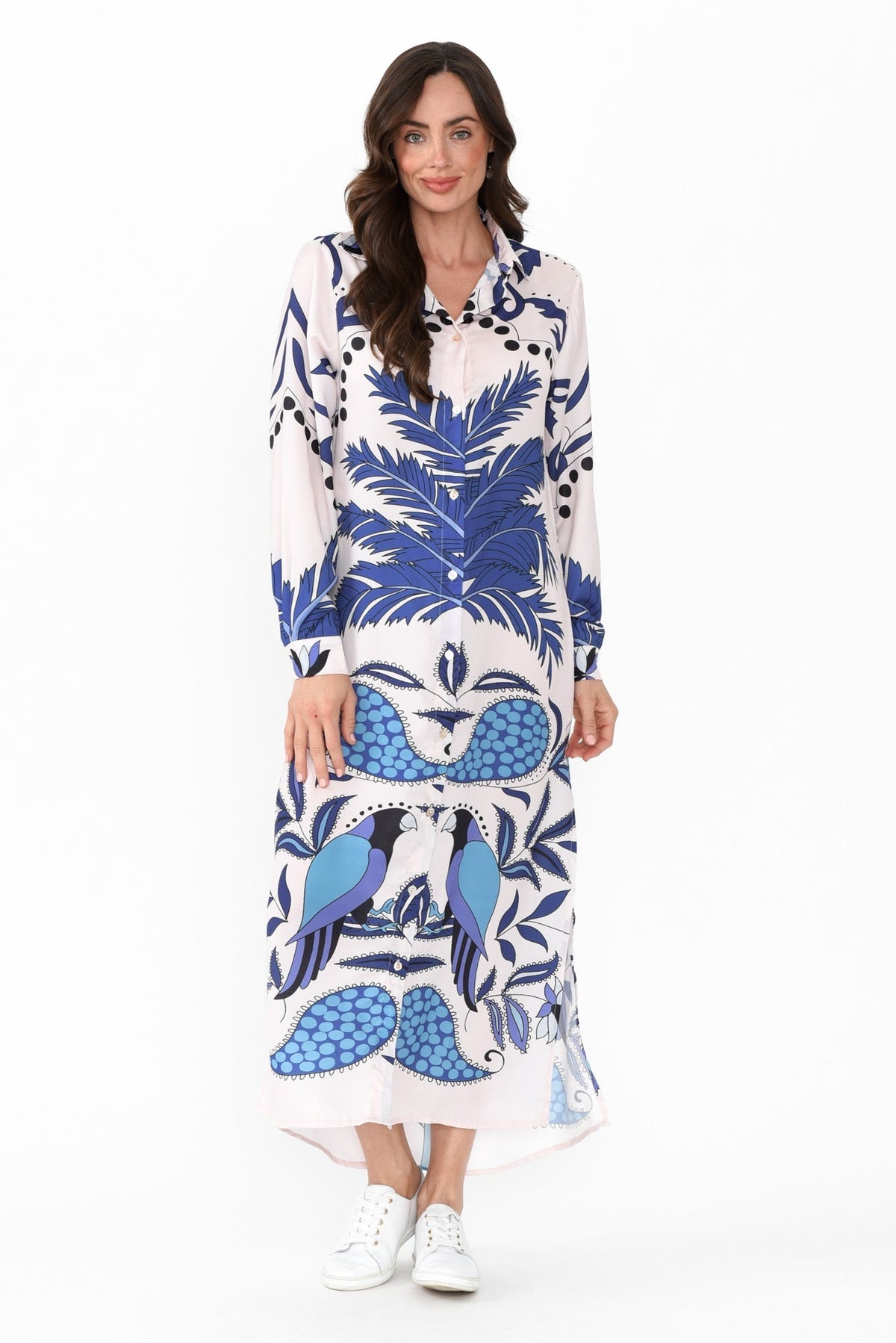 Shayli Blue Tropical Shirt Dress Back View 2