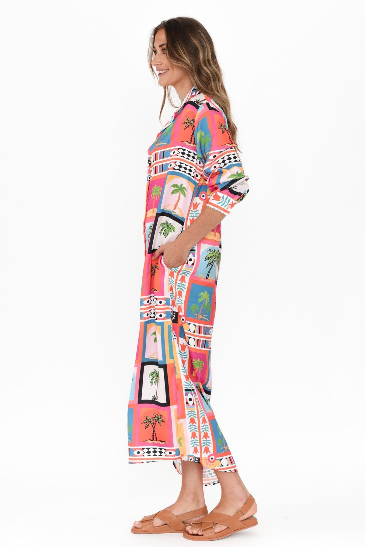 Shayli Pink Tropical Shirt Dress Full Length View