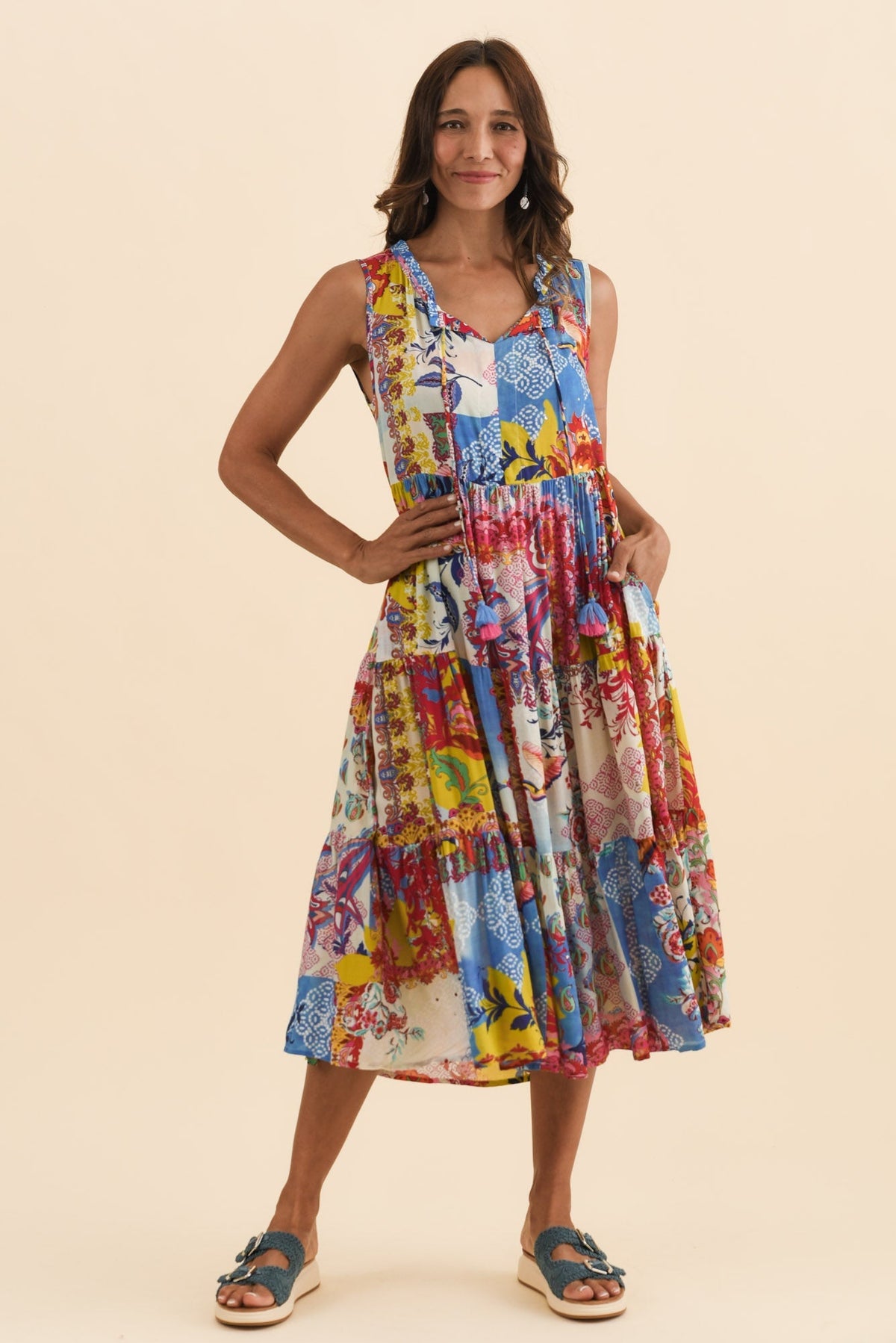 Shylo Red Patchwork Sleeveless Dress Full Length View