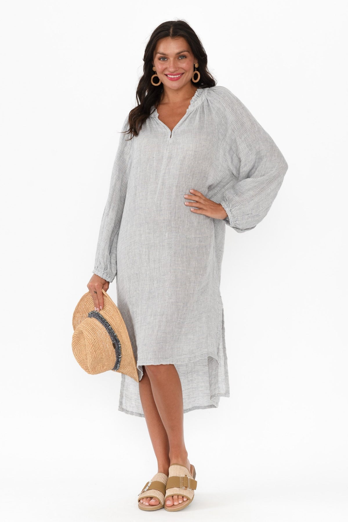 Sierra Light Blue Stripe Linen Midi Dress Front View 2