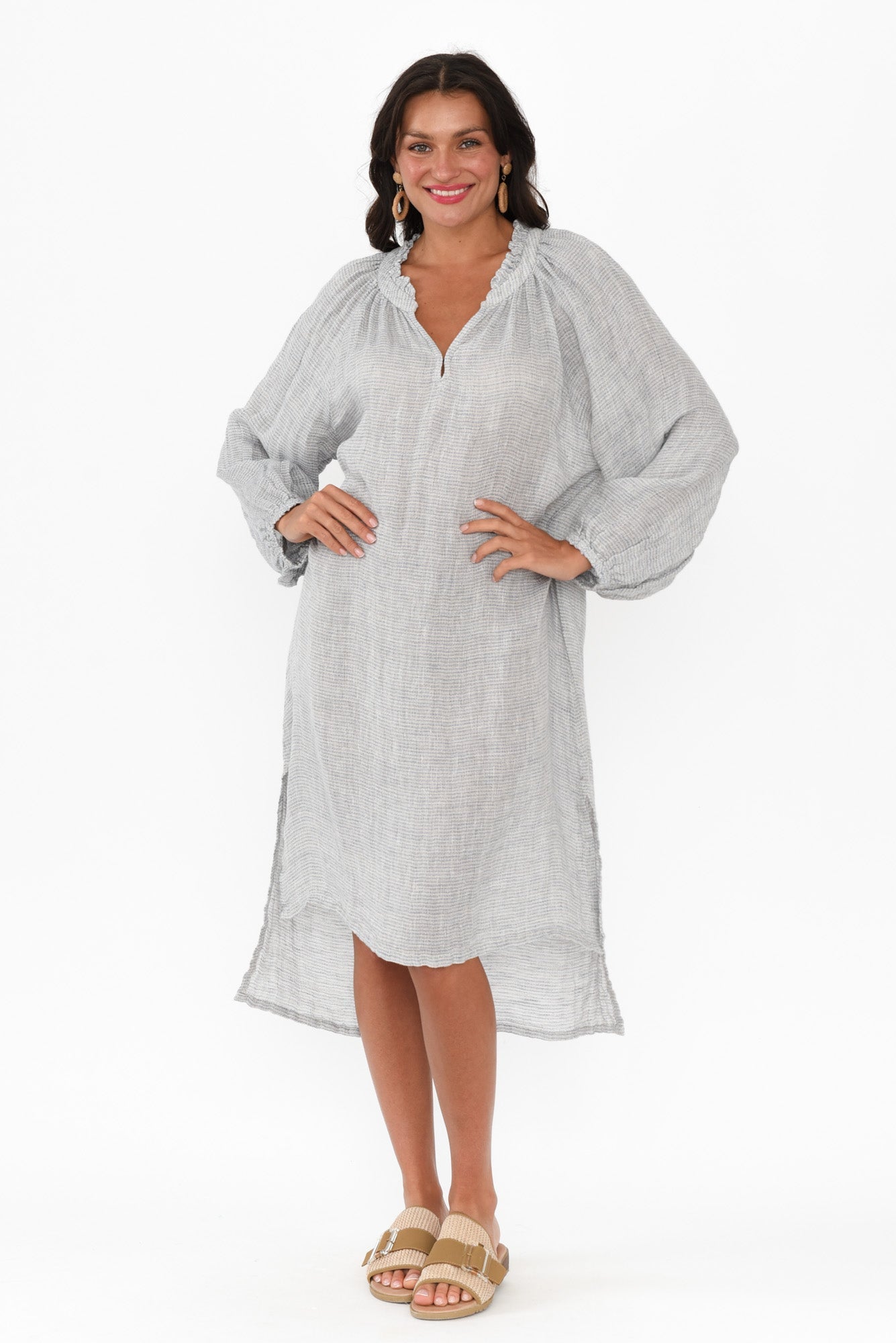 Sierra Light Blue Stripe Linen Midi Dress Full Length View