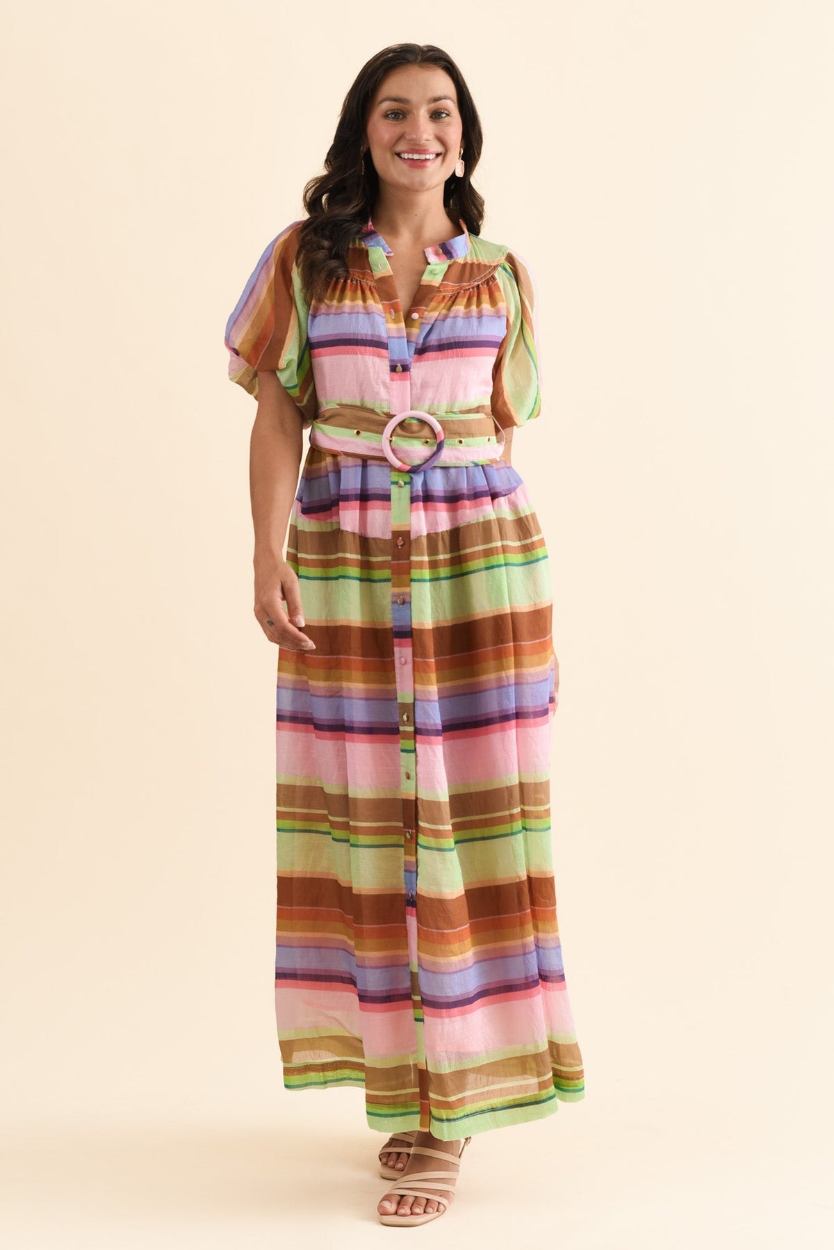 Siesta Pink Stripe Belted Dress Full Length View