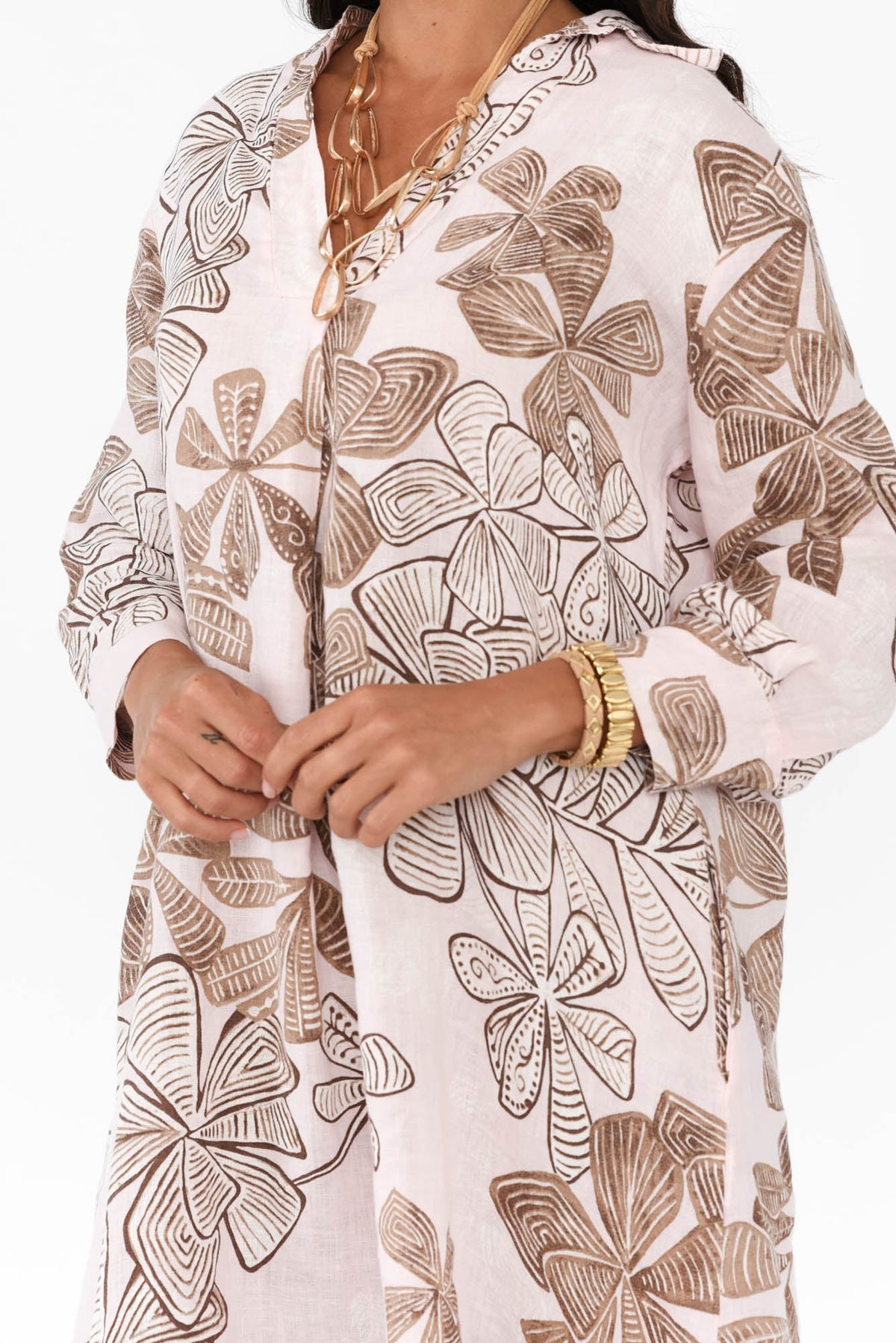 Slayde Pink Floral Linen Collared Dress Full Length View