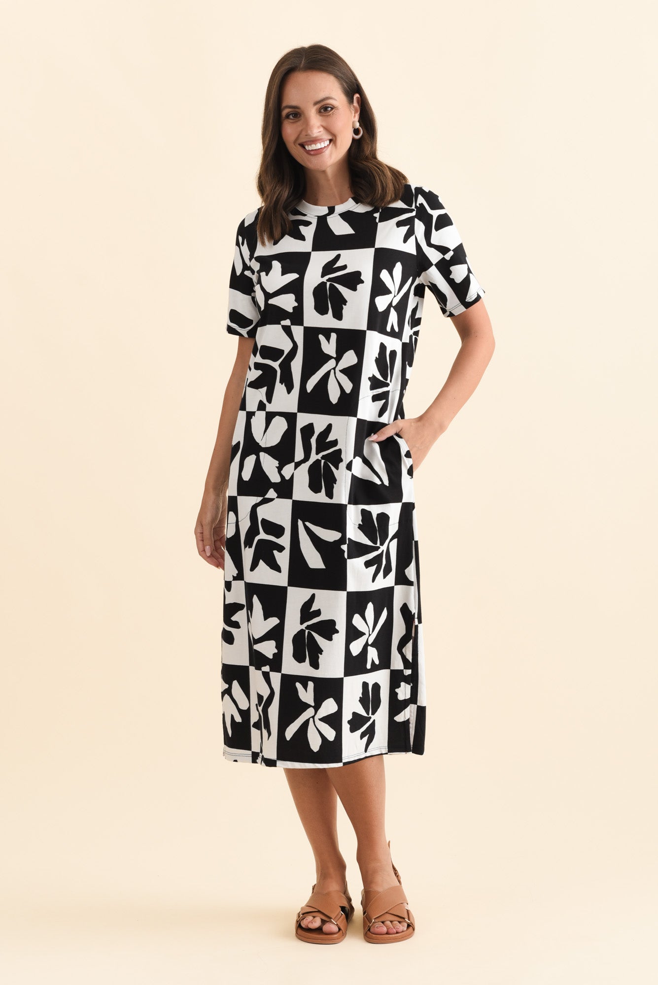 Splice Black Leaf Cotton Tee Dress Front View