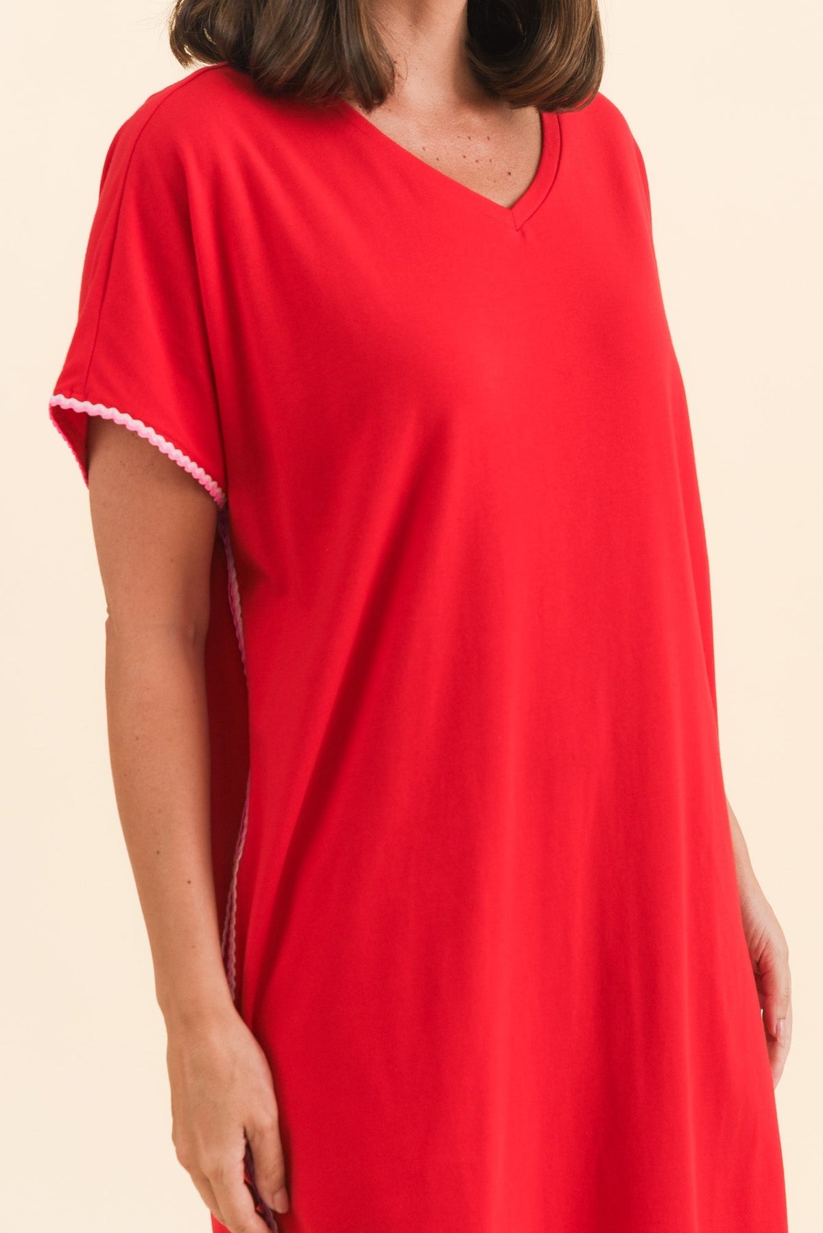 Stellar Red Contrast Cotton Tee Dress Full Length View
