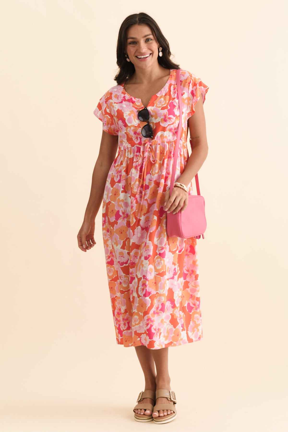 Suzette Orange Floral Midi Dress Front View 2