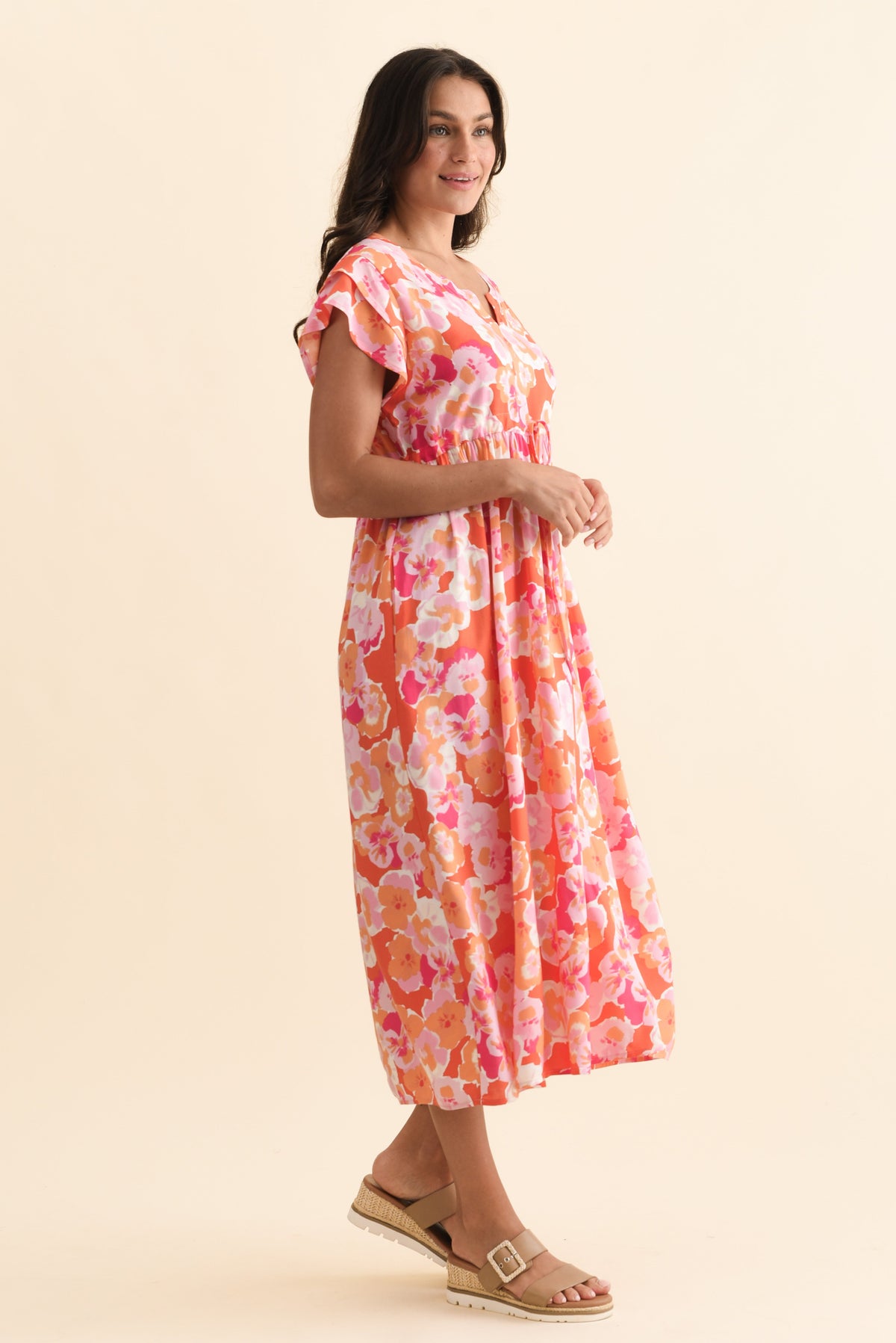 Suzette Orange Floral Midi Dress Back View