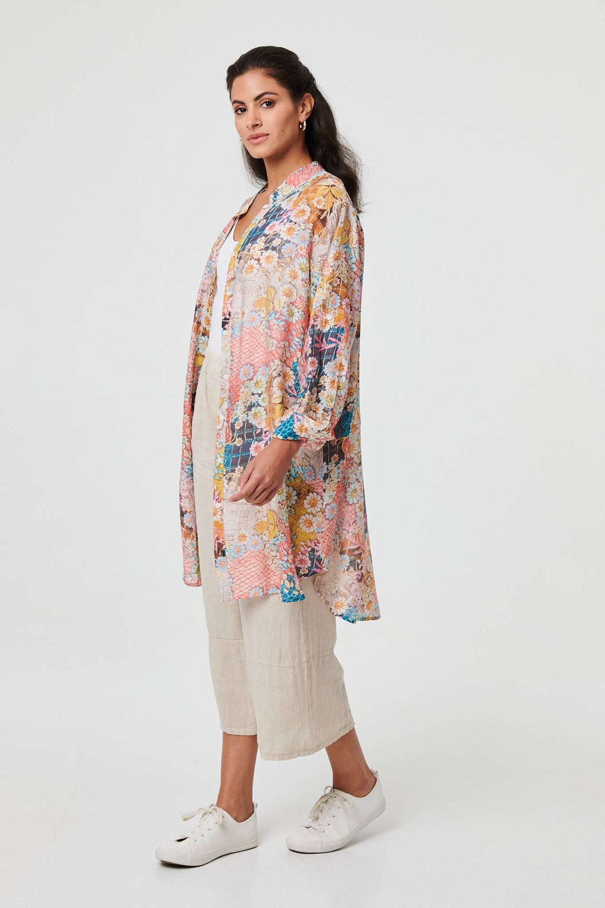 Floral Long Sleeve Longline Tunic Shirt Front View 3