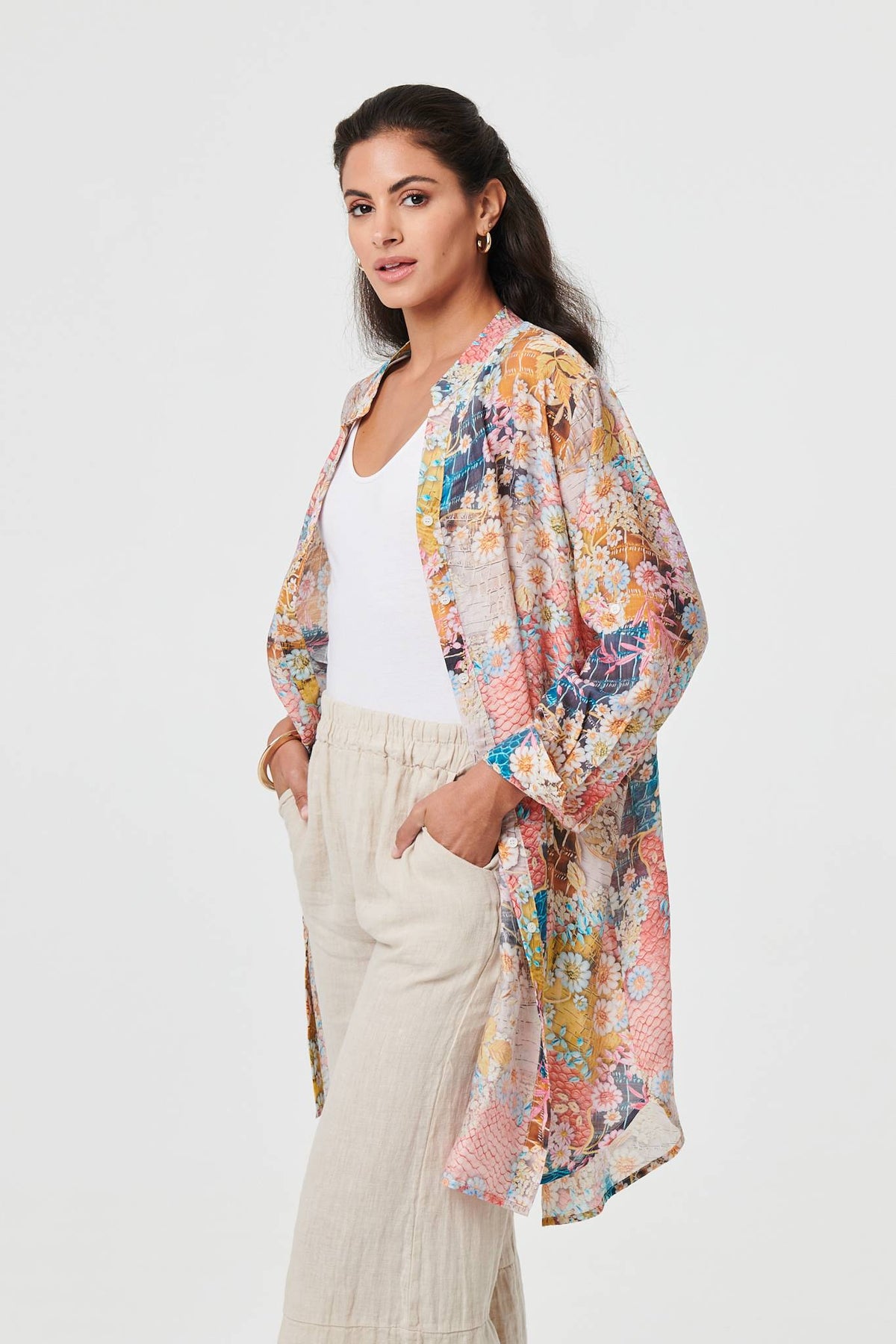 Floral Long Sleeve Longline Tunic Shirt Full Length View 2