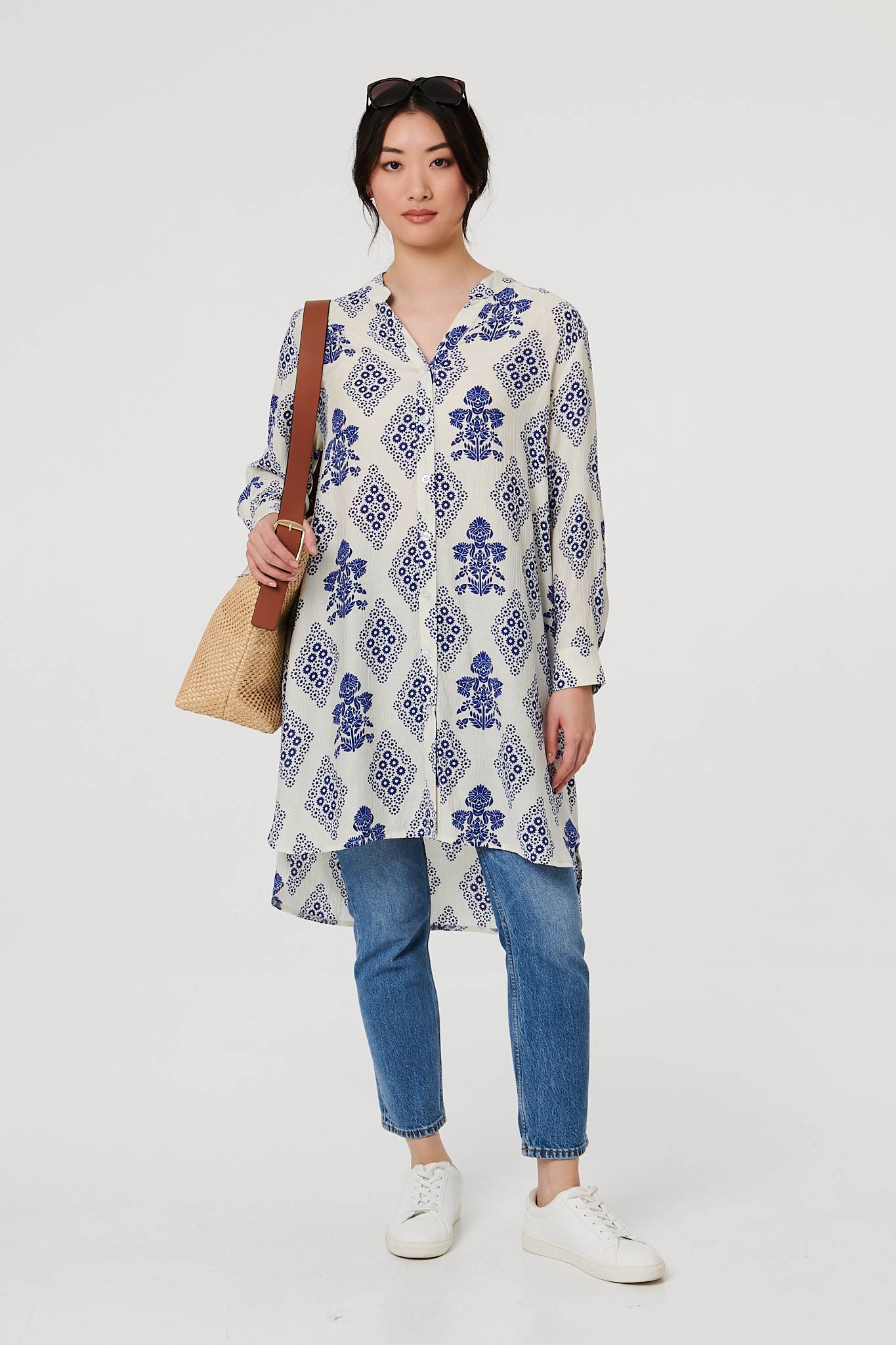 Printed Knee Length Relaxed Shirt Front View