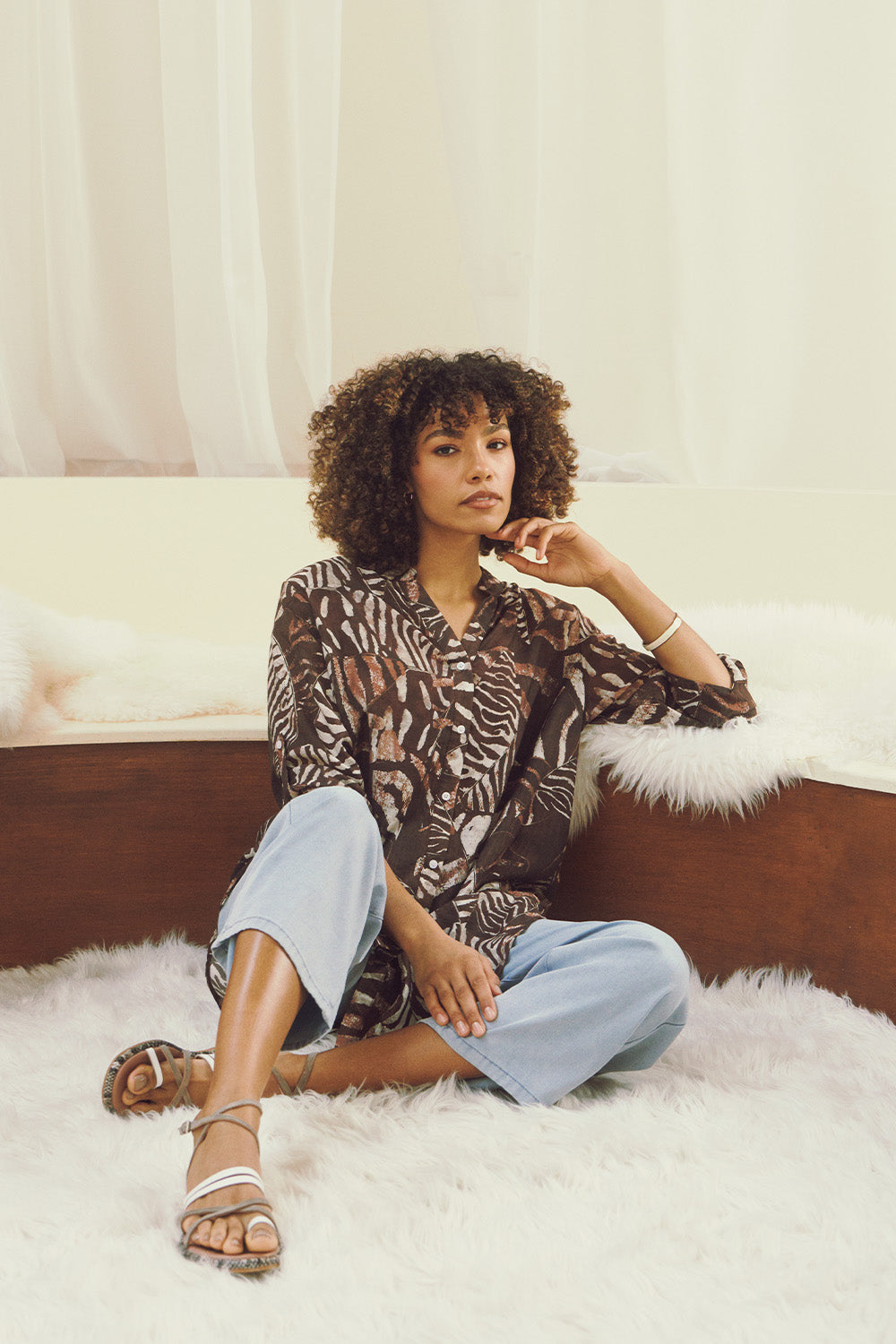 Animal Print Semi Sheer Longline Shirt Front View