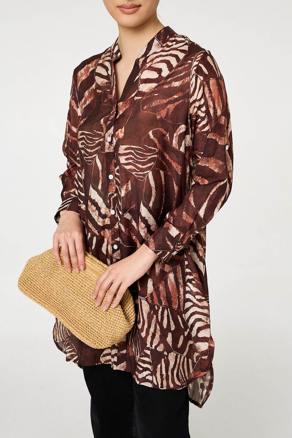 Animal Print Semi Sheer Longline Shirt Full Length View